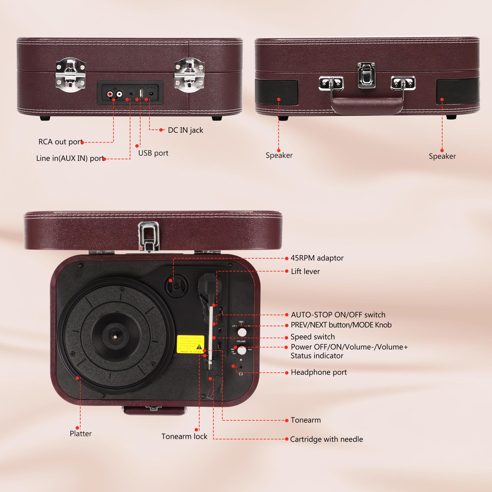 Vinyl Record Player 3-Speed Bluetooth Suitcase Portable Belt-Driven Record Player with Built-in Speakers RCA Line Out AUX in Headphone Jack Vintage Turntable