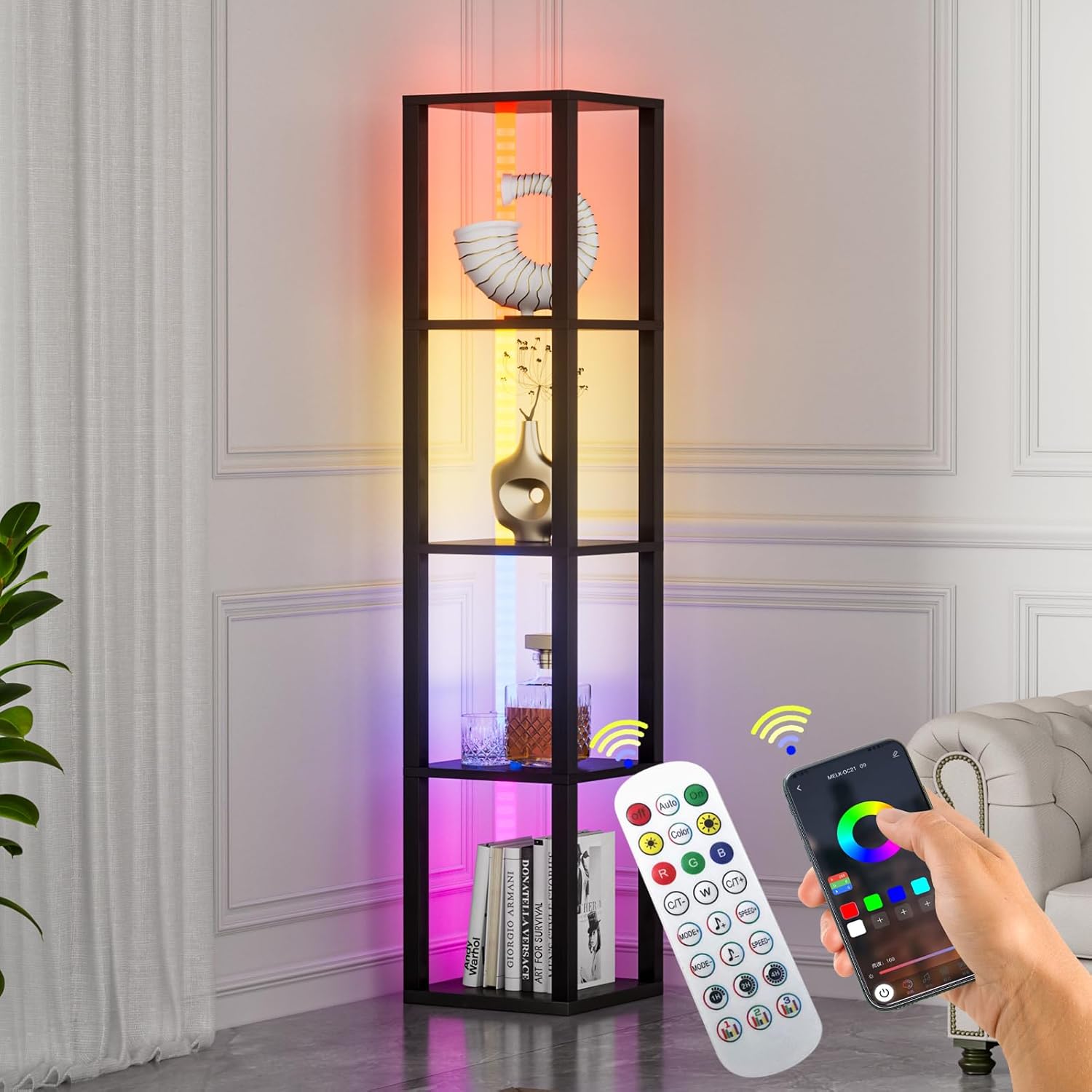 Corner Shelf with Light 5 Tier Tall Standing Shelf Dimmable Corners Floor Lamp with Shelves LED Corners Bookshelf Display Cabinet for Living Room, Bedroom, Home Decor