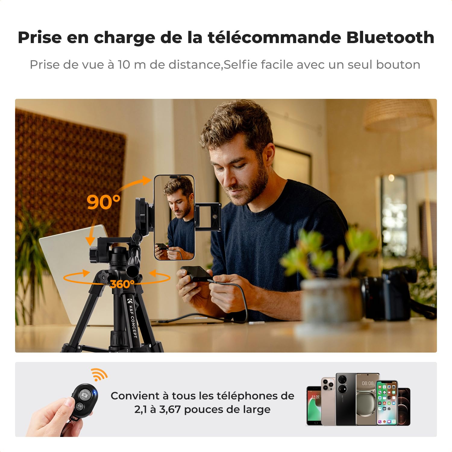 K&F CONCEPT Mini trépied de Bureau pour Appareil Photo, trépied de Table en Aluminium de 63,5 cm avec télécommande, Petit trépied Portable pour appareils Photo Reflex numériques, caméscope, téléphone