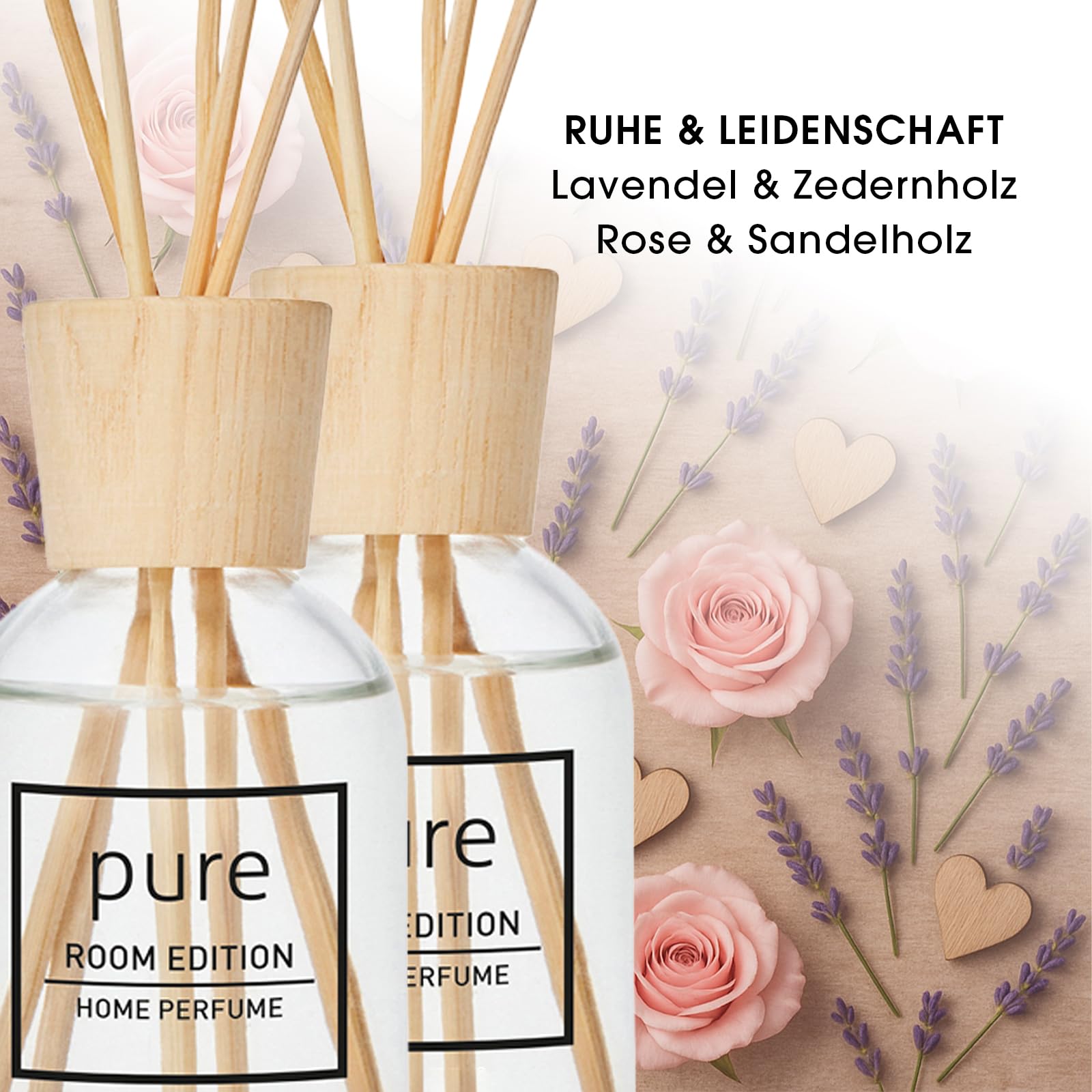 Raumduft Set Ruhe & Leidenschaft 2x250ml Duft: Wellness | für Zuhause, beruhigend & entspannend, Diffuser mit Duftstäbchen, natürliche Inhaltstoffe, tierversuchsfrei, Lavendel & Rose
