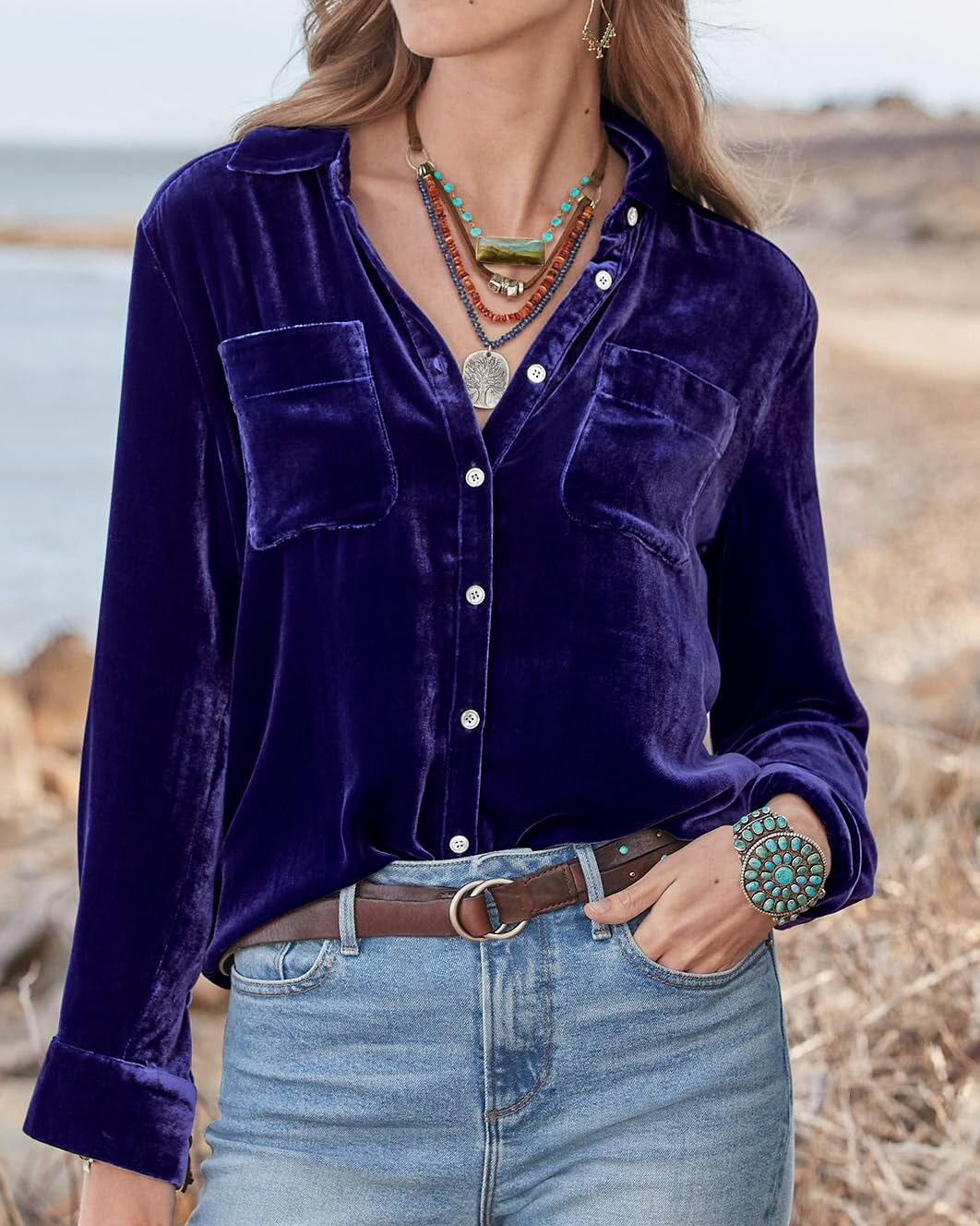 Womens Velvet Long Sleeve Tops Shirts 2025 Solid Casual Retro Fall Winter Lapel Front Button Up Blouse Tops - Image 4