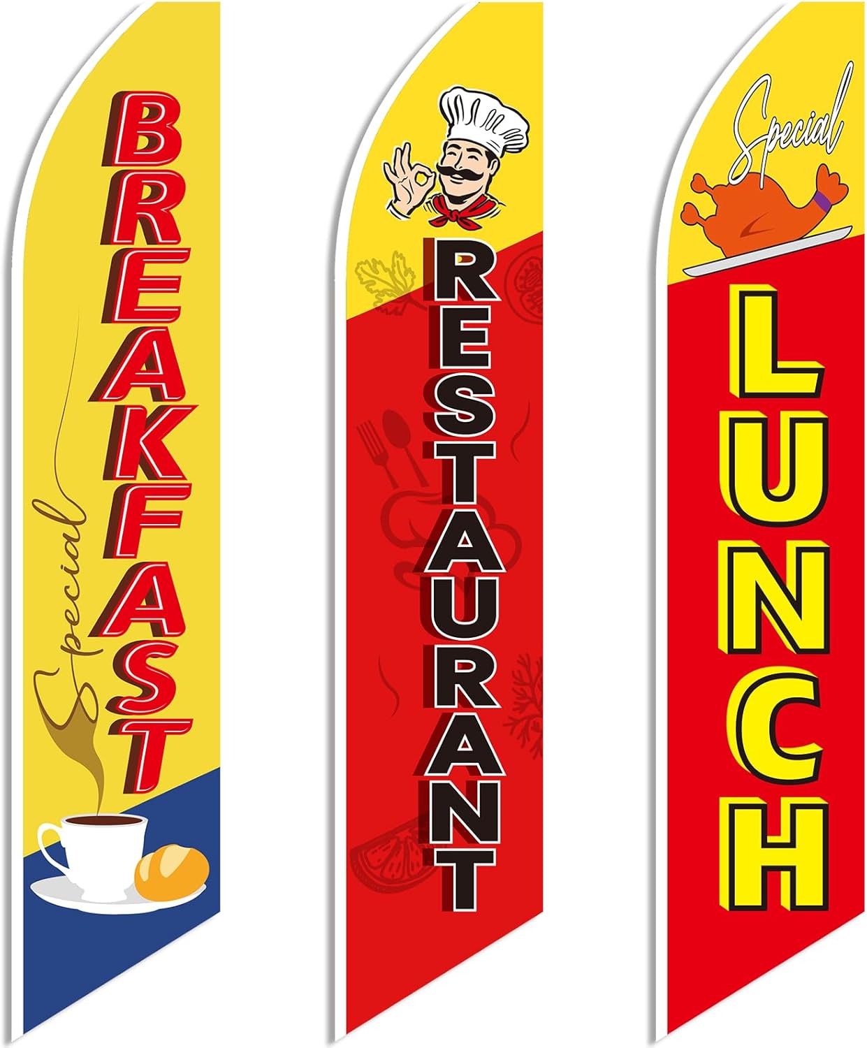 VitalCozy 3 Pcs 12 ft Breakfast Lunch Restaurant Advertising Feather Flag Food Advertising Flag Banner for Restaurant Outside Business