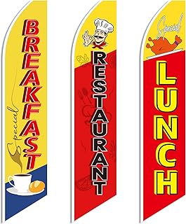 VitalCozy 3 Pcs Breakfast and Lunch Flags 12 Feet Breakfast Special Lunch Special Restaurant Swooper Flags Food Advertising Feather Banner for Outside Business
