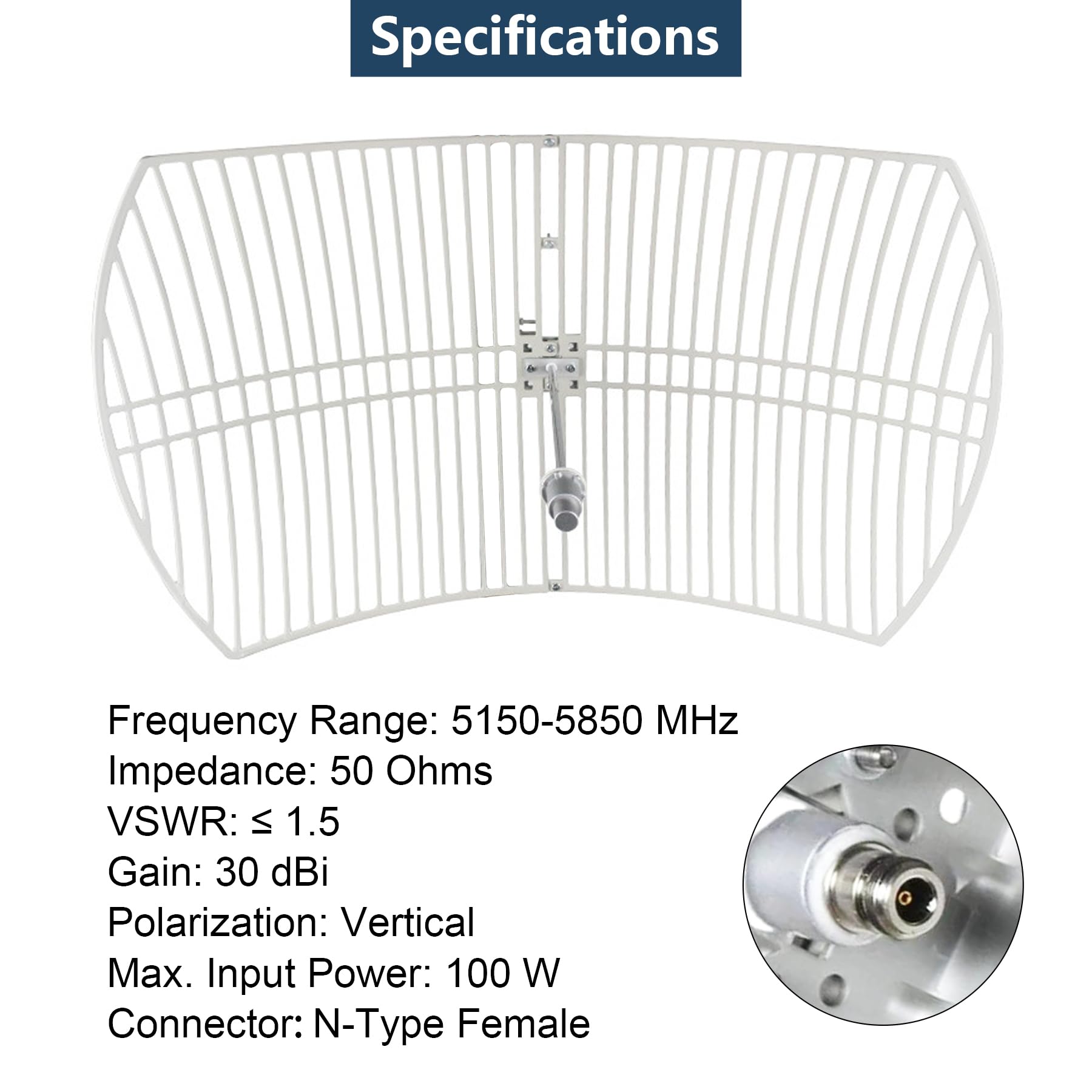 Antenne parabolique WiFi 5,8 GHz 5,8 GHz à gain élevé 30 dBi (5150-5850 MHz) type N femelle longue portée antenne directionnelle extérieure pour routeur Wi Fi carte réseau sans fil moniteur de