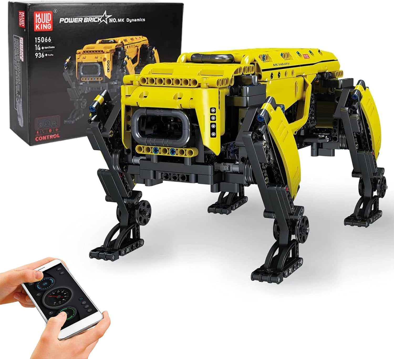Mould King 15066 Technical Yellow Four-Legged Robot Dog Building Block Kit, Power Module RC Mechanical Intelligent Robot Programmable Educational STEM Toy 936Parts Clamping Building Kit Model