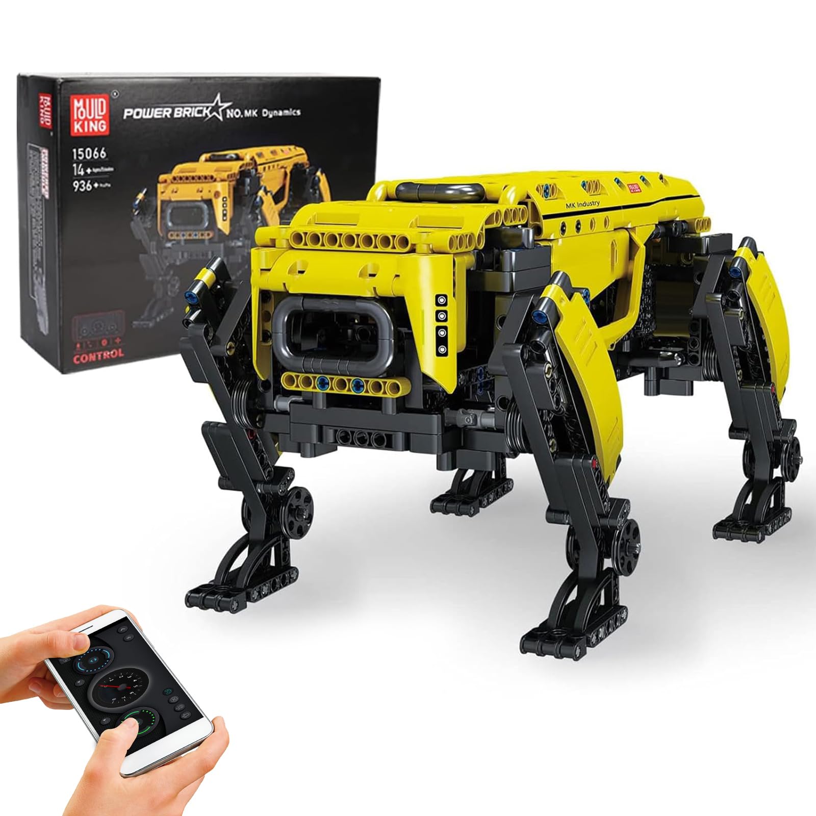 Mould King 15066 Technologie Jaune Quatre Pieds Machine Chien Bloc de Construction kit, Module d'alimentation RC mécanique Intelligent Robot Programmable éducatif Stem Toys 936 pièces