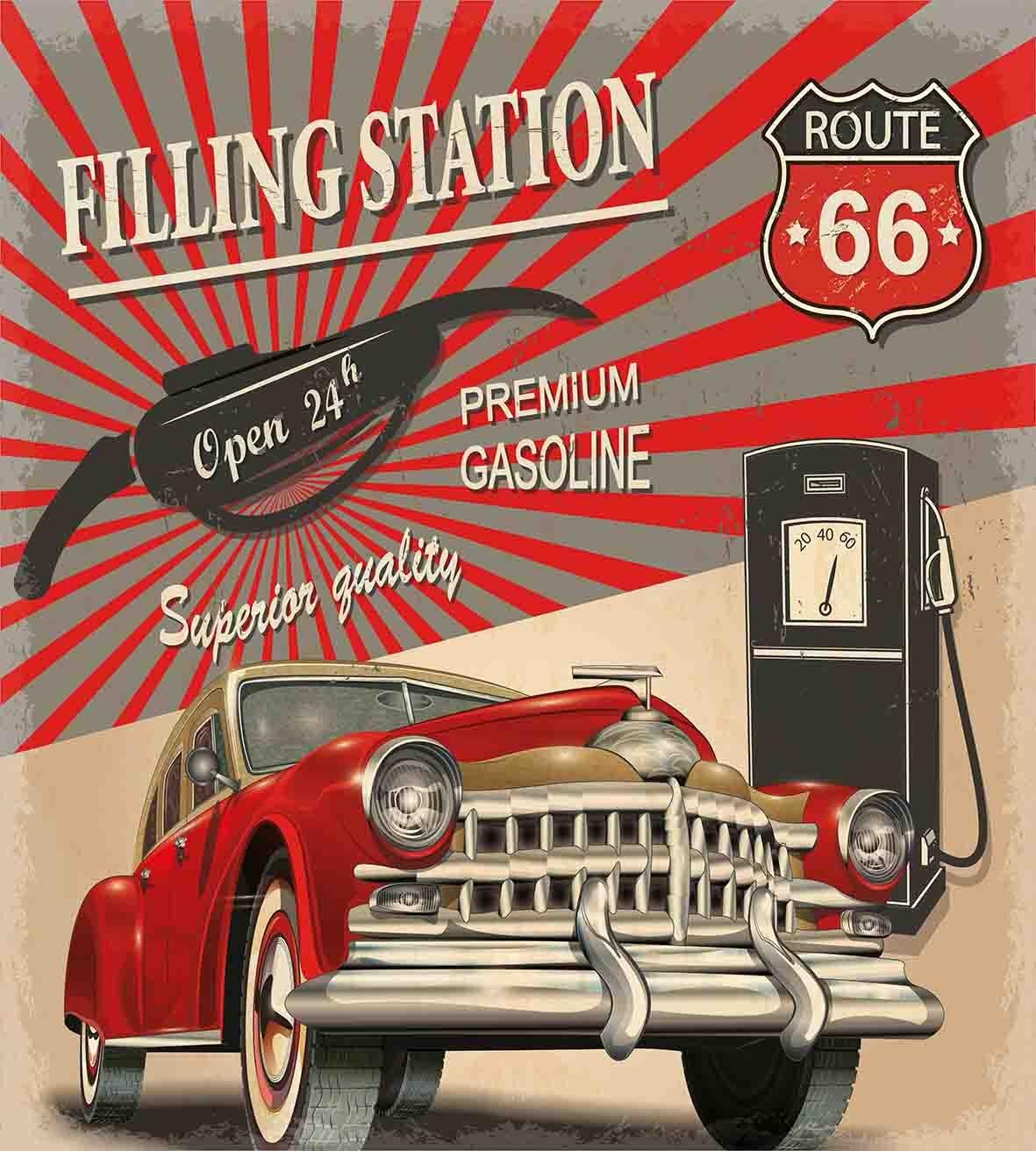 Ambesonne Cars Duvet Cover Set, Poster Style Image Gasoline Station Commercial Element Route 66 IllustrationPrint, Decorative 2 Piece Bedding Set with 1 Pillow Sham, Twin Size, Vermilion Beige Twin Vermilion Beige