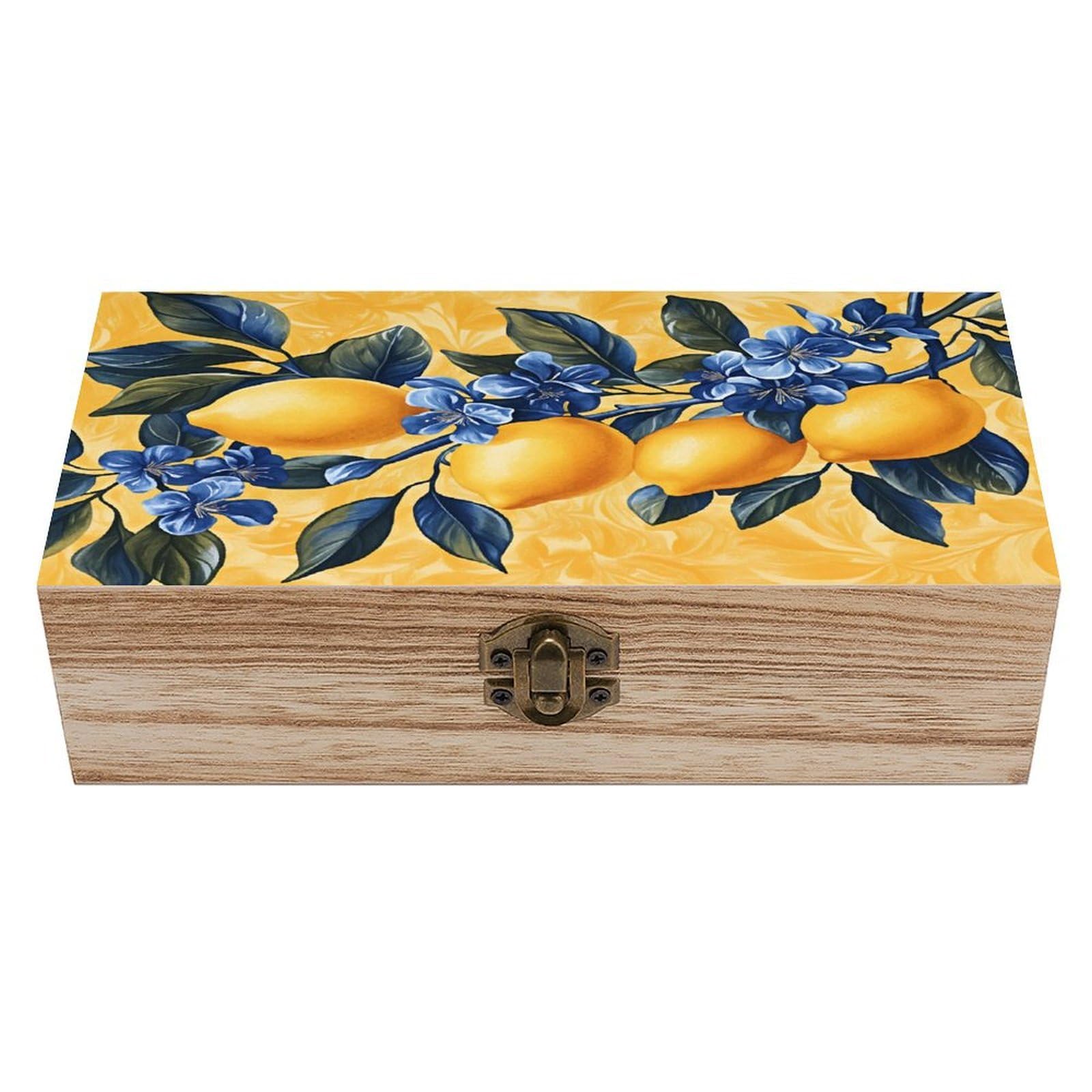 HLBSDM Lemon Blue Flower Vintage Wooden Keepsake Box with Hinged Lid And Locking Clasp, Decorative Storage Box for Jewelry, Trinkets And Small Accessories, Organizer for Home Or Wedding