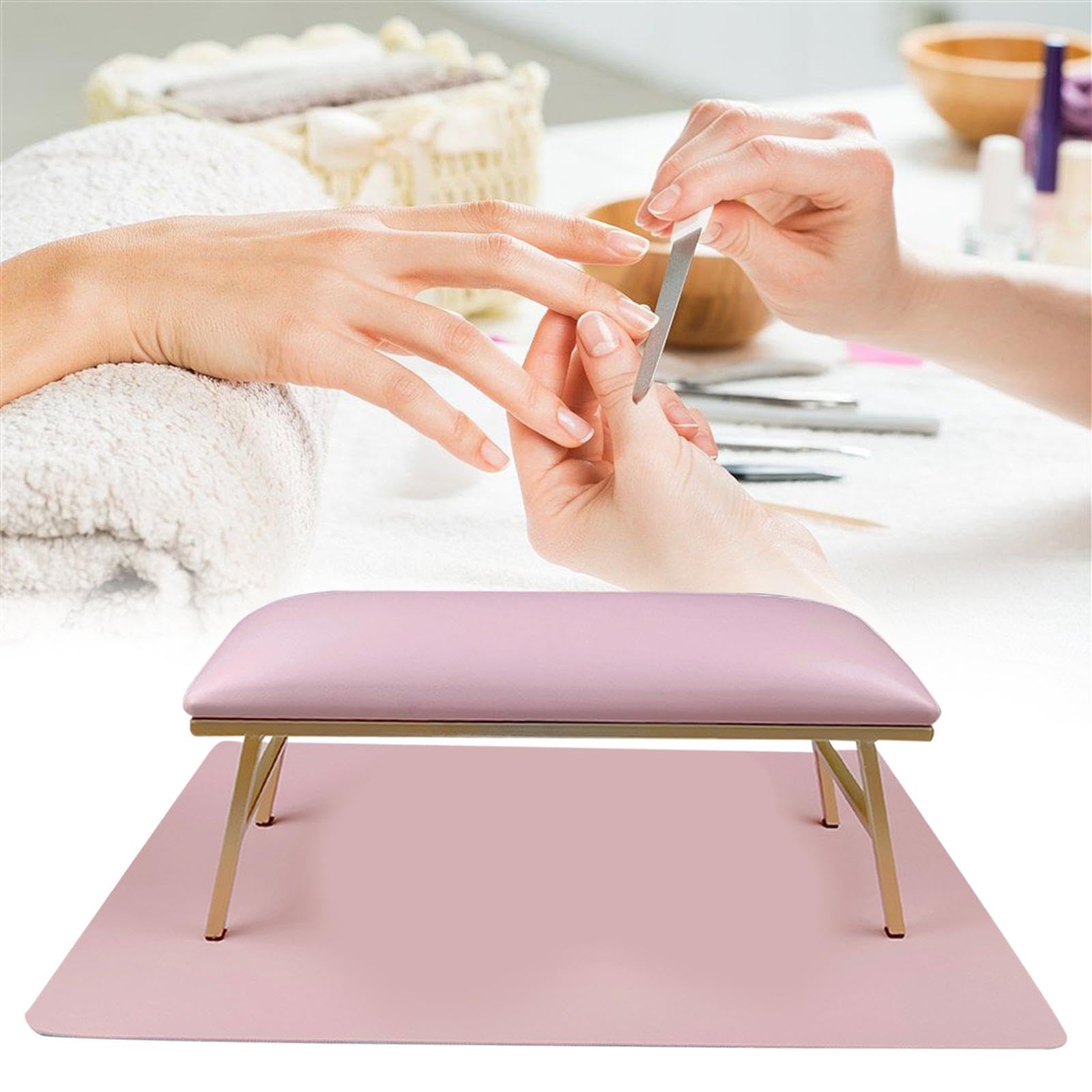 Almohada para Uñas Set Cojín Reposabrazos Tapete Manicura Relleno Suave Impermeable Estructura Metal Duradera Adecuada para Manicuristas Estudiantes, Rosado