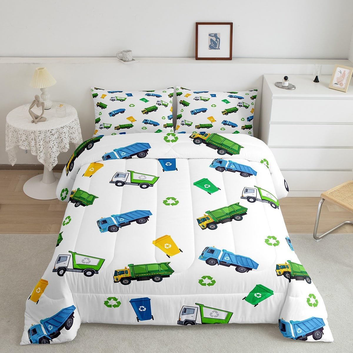 Garbage Truck Comforter Set Kids Full Size Cartoon Car Bedding Set for Boys Teens Girls Room Decor Child Soft White Green Blue Quilt Set Waste Management Recycling Vehicles Duvet Insert 3Pcs