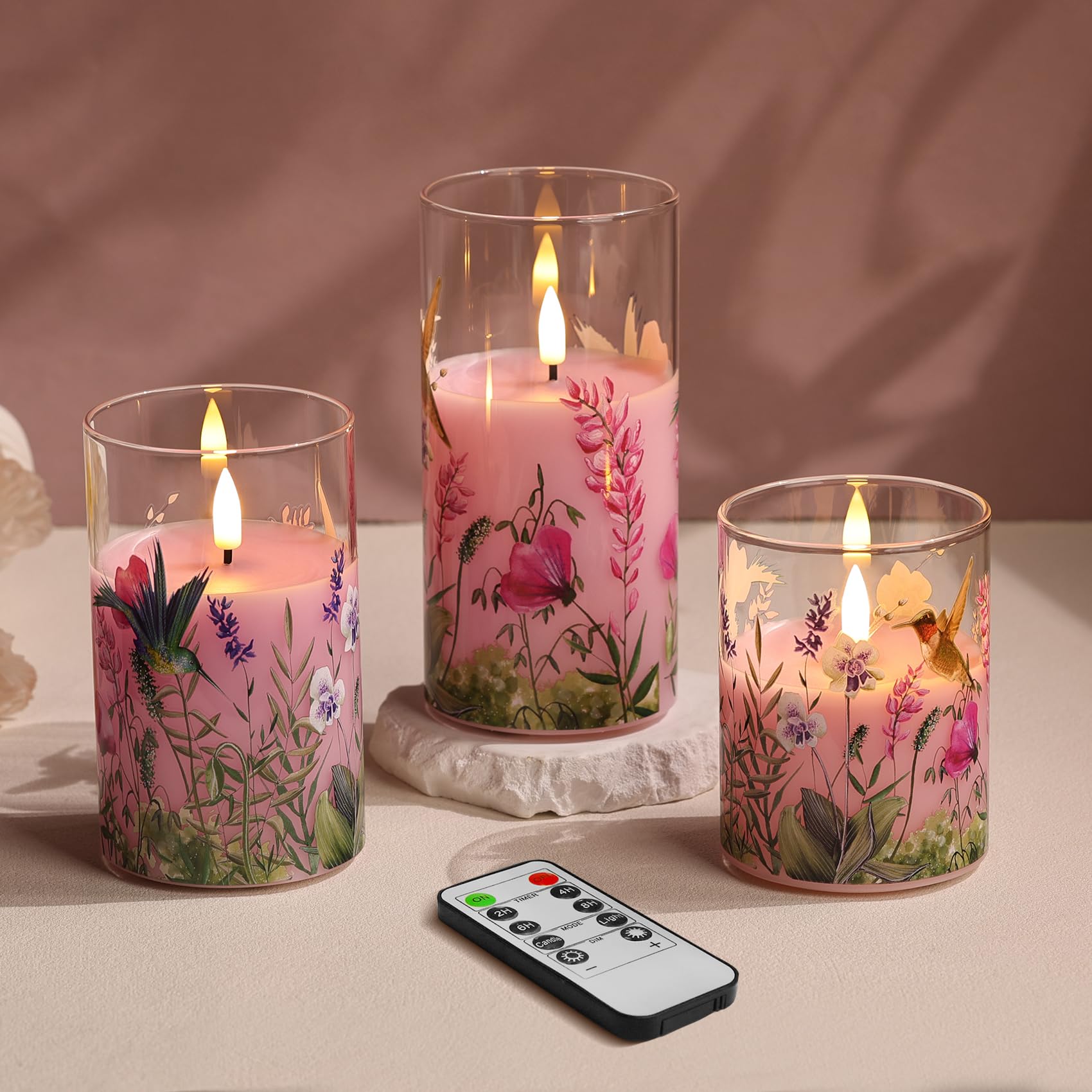 Eywamage Pink Hummingbird Glass Flameless Candles with Remote, Flickering Floral LED Pillar Candles Φ 3" H 4" 5" 6"