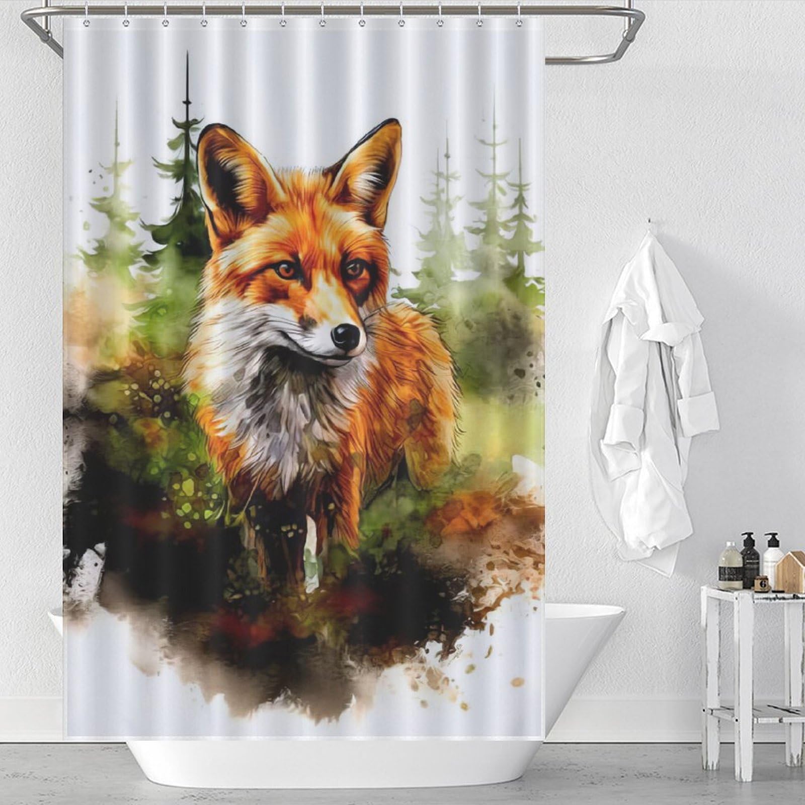 Rideau de douche renard lavable en tissu 122x183cm pour baignoire avec 12 crochets inclus