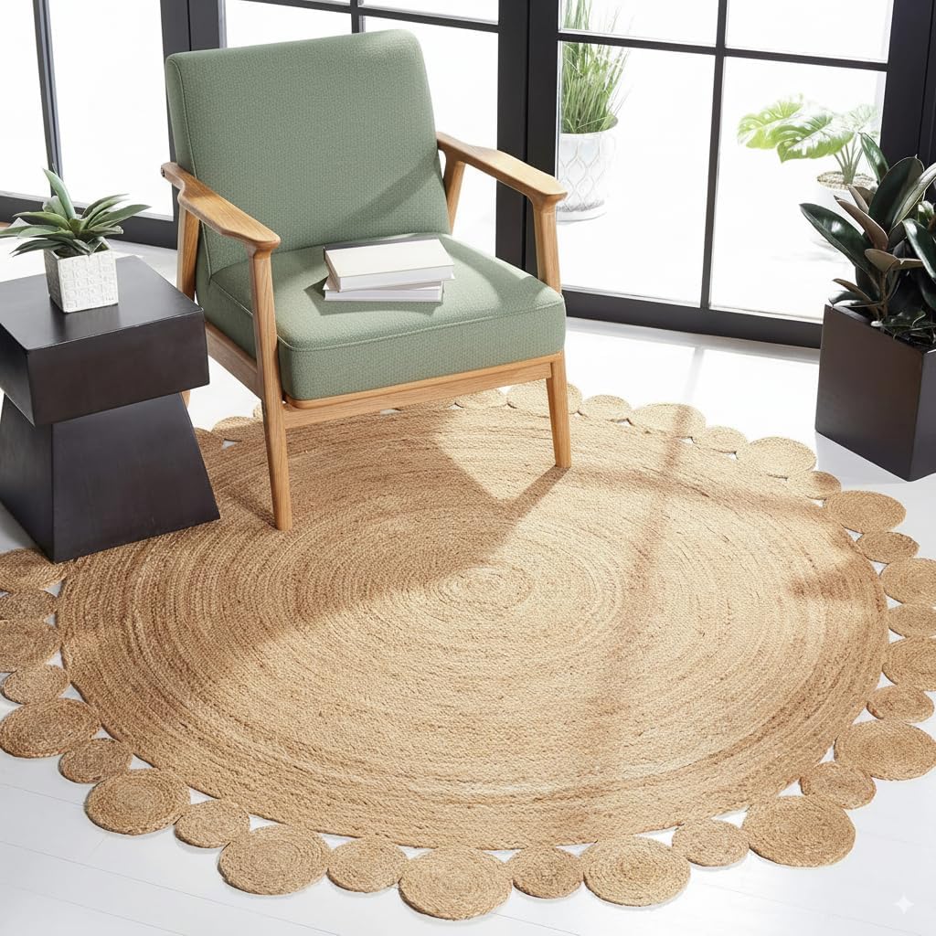 gruhum handwoven 7ft jute area rug natural fiber round boho farmhouse rustic vintage soft braided reversible eco friendly rugs for indoor outdoor kitchen bedroom living room hallways (7' ft round) 7' (round) natural- 08