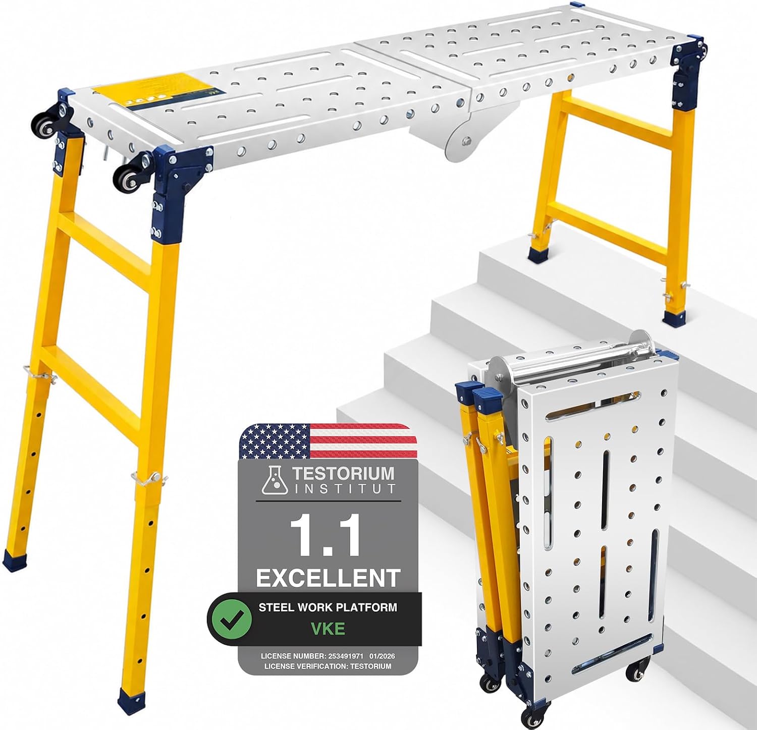 VKE Galvanized Folding Work Platform 63"x14", Height 30 to 47in Adjustable