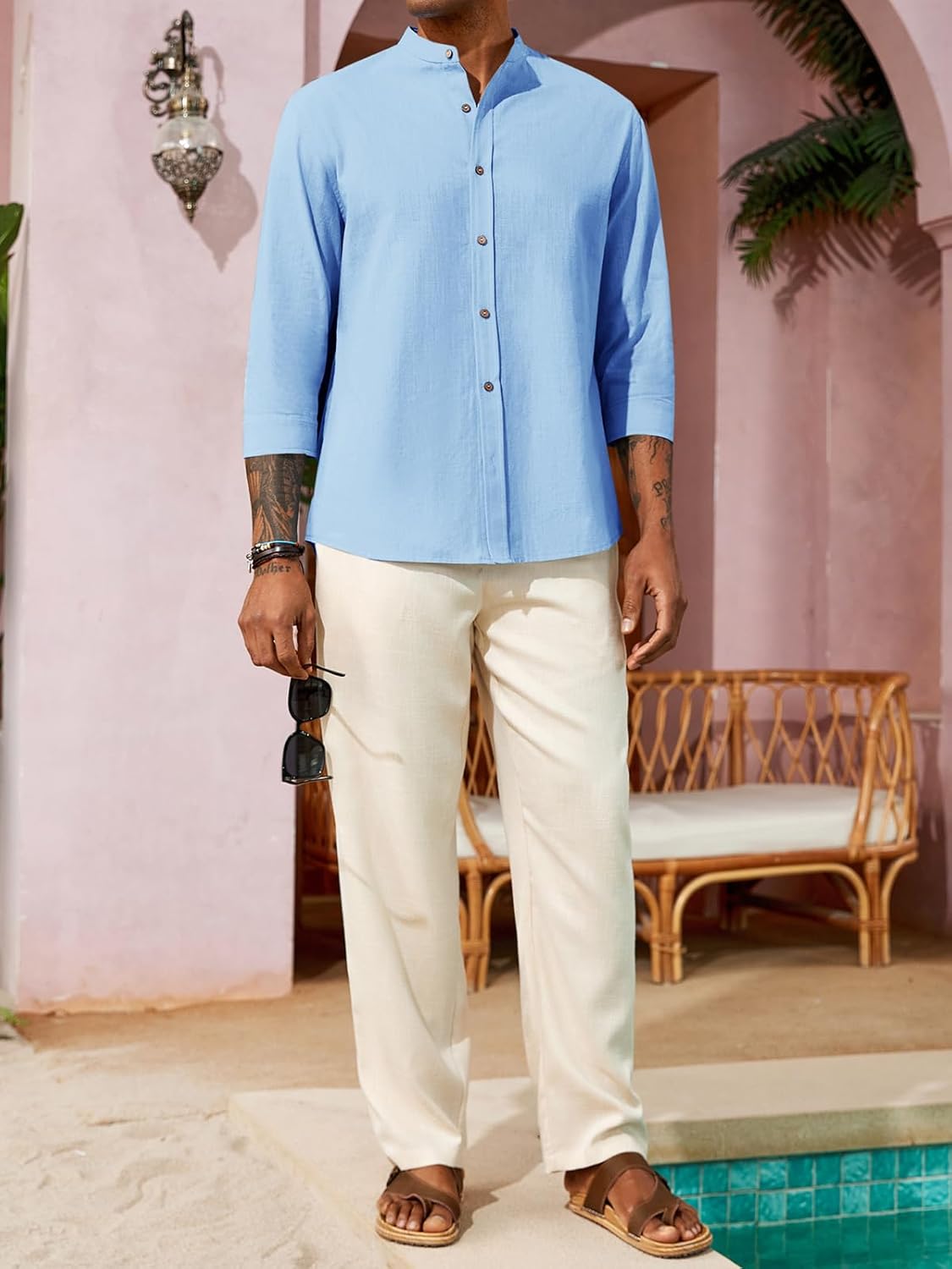 Runcati Mens Casual Linen Shirts 3/4 Sleeve Button Down Banded Collar Summer Beach Shirt - Image 4