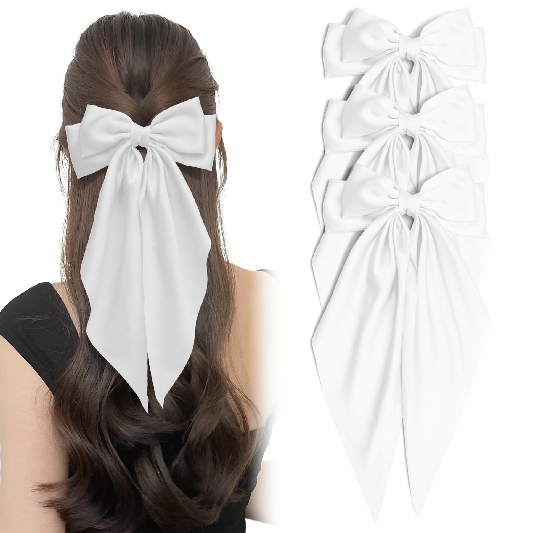 3PCS White Bow for Hair Big Hair Bows for Women Silky Satin Ribbon Bow Hair Clips Wedding Barrettes with Long Tail Aesthetic Cute Valentine's Day Hair