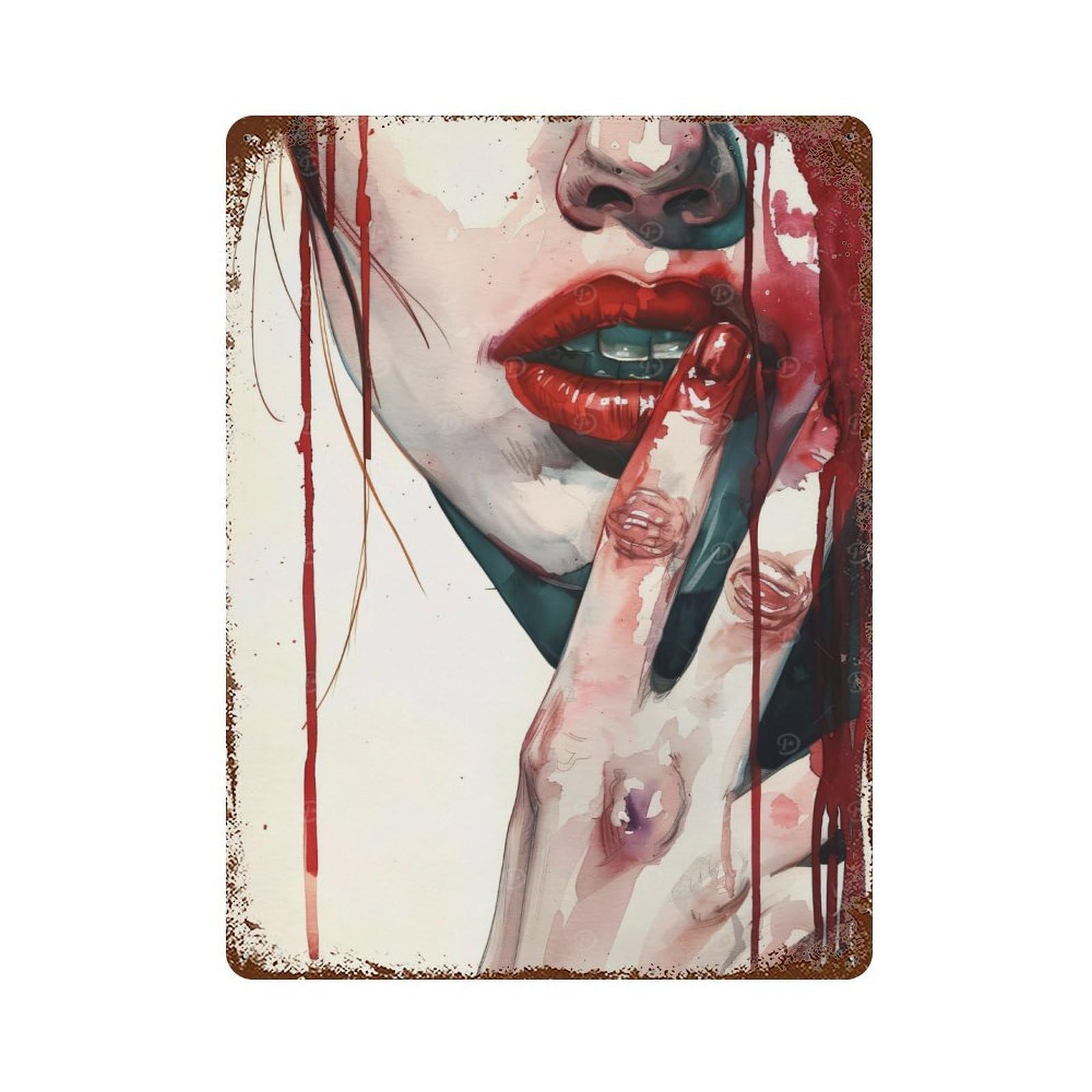 Distressed Metal Wall Sign with Watercolor Kiss Design 15.7"x11.8", for Office, Studio And Wall Decor, Industrial Home Decor
