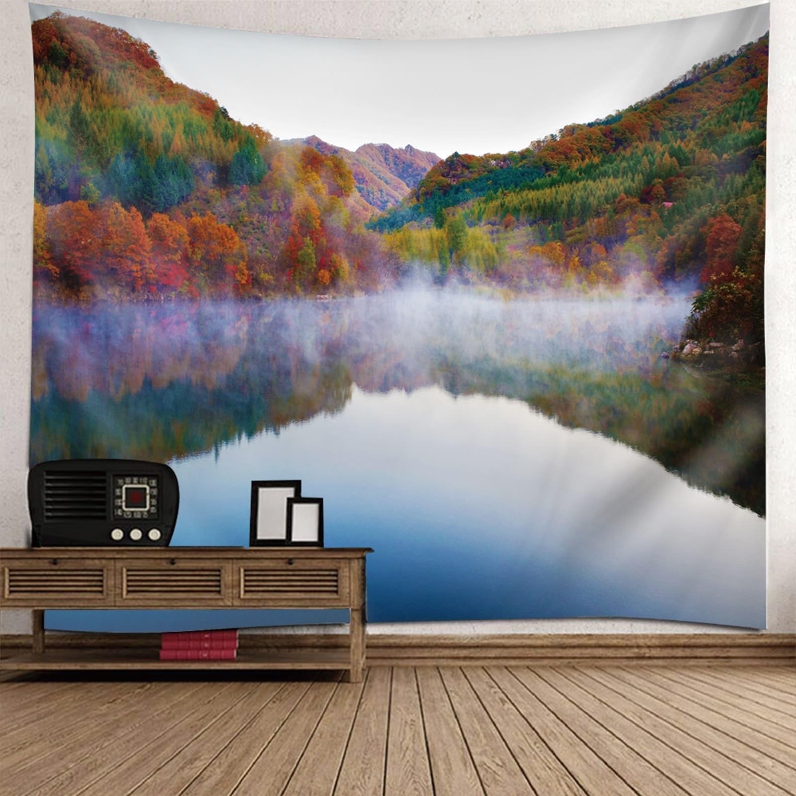 Tapiz de pared verde de poliéster, paisaje montañas, lago y árboles, 260 x 240 cm