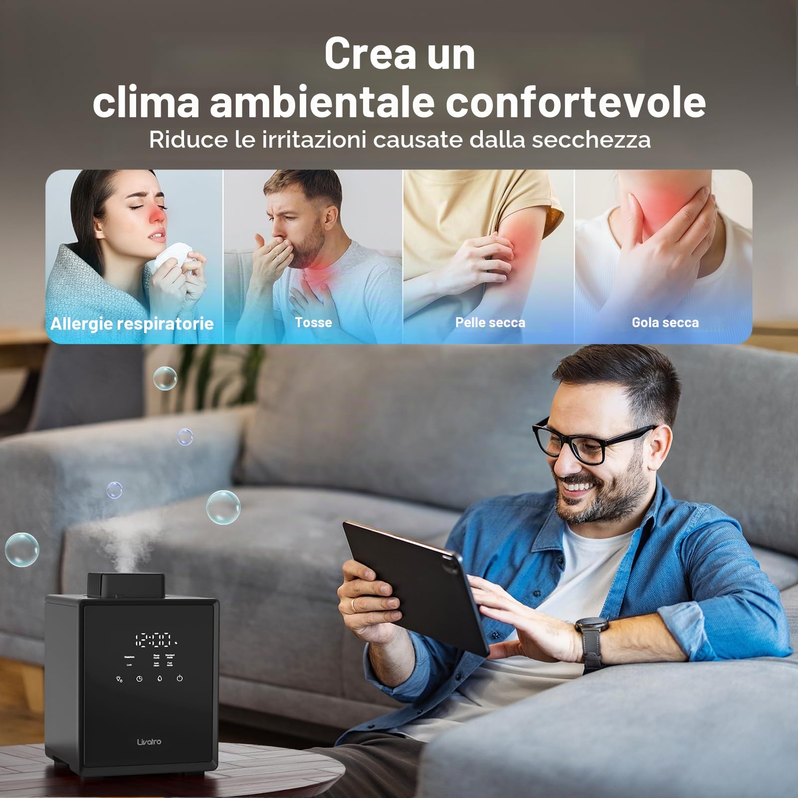 Livatro Umidificatore Ambiente Top Fill,3L Umidificatore a Vapore Caldo in Acciaio Inox, Riduce del 99,97% dei Batteri, Timer e Modalità Sonno, per Bambini, Ufficio,Camera da Letto,Salotto