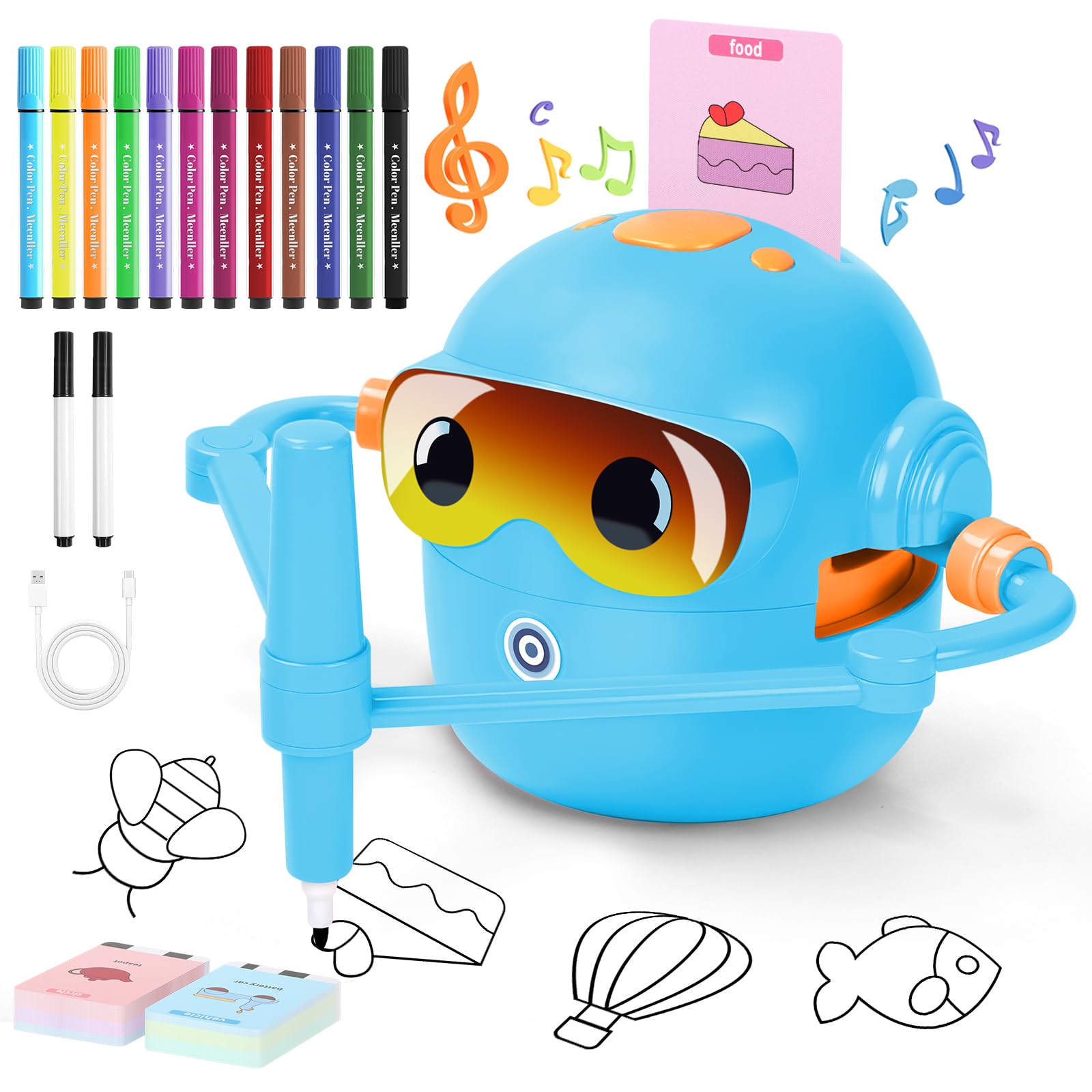 Charmofun Robot de Dibujo para Niños, Drawing Robot con 100 Tarjetas, Robots Inteligente Juguete Recargable, Juguete Educativo Interactivo con Voz para Niños y Niñas a Partir de 3 Años (Azul-2)