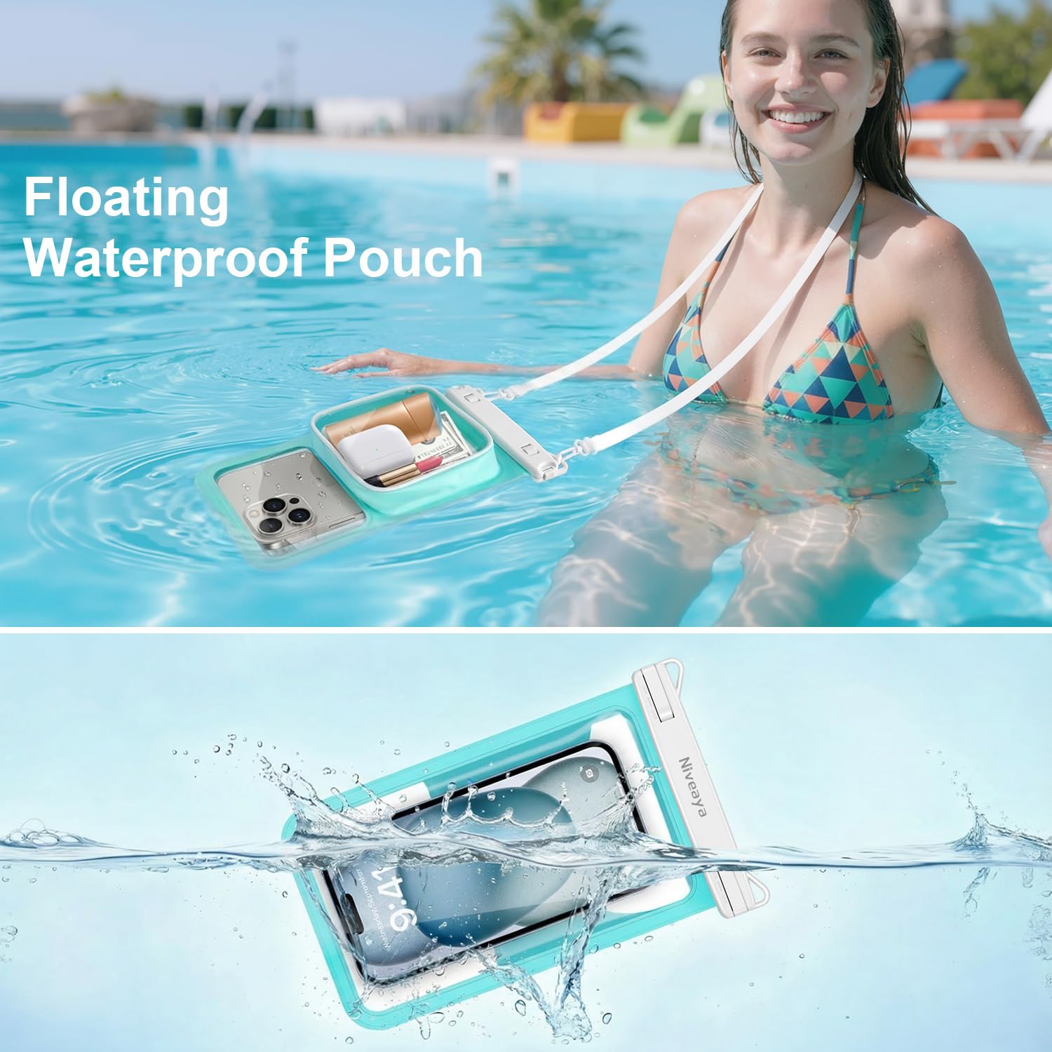 Niveaya [Flotable] Bolsa Flotante Impermeable para teléfono, 2 Paquetes de hasta 8.5 Pulgadas, Gran Espacio Ajustable con cordón para el Cuello, Funda Impermeable para teléfono, Bolsas secas para