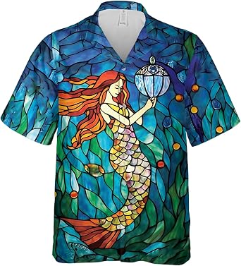 Mermaid Lover Hawaiian Shirt for Men - Sea Maiden Lovers Button Down Shirt Men, Mens Hawaiian Shirt Set 38