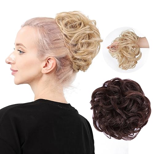 Miniatura 1 de Moño de cabello despeinado castaño, moños desordenados falsos sintéticos, moño rizado, moño recogido y moño, extensiones de cabello envolvente para