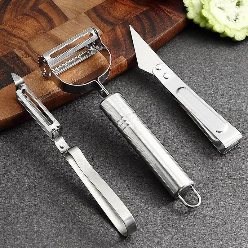 Image of SHOPPOFOBIX Pocket Knife, Kitchen Knifes Peelers for Fruit 2 in 1 Knifes and Peeler for Kitchen Travel Knifes with case Stainless Steel Bled (3 Pcs Set Peeler)