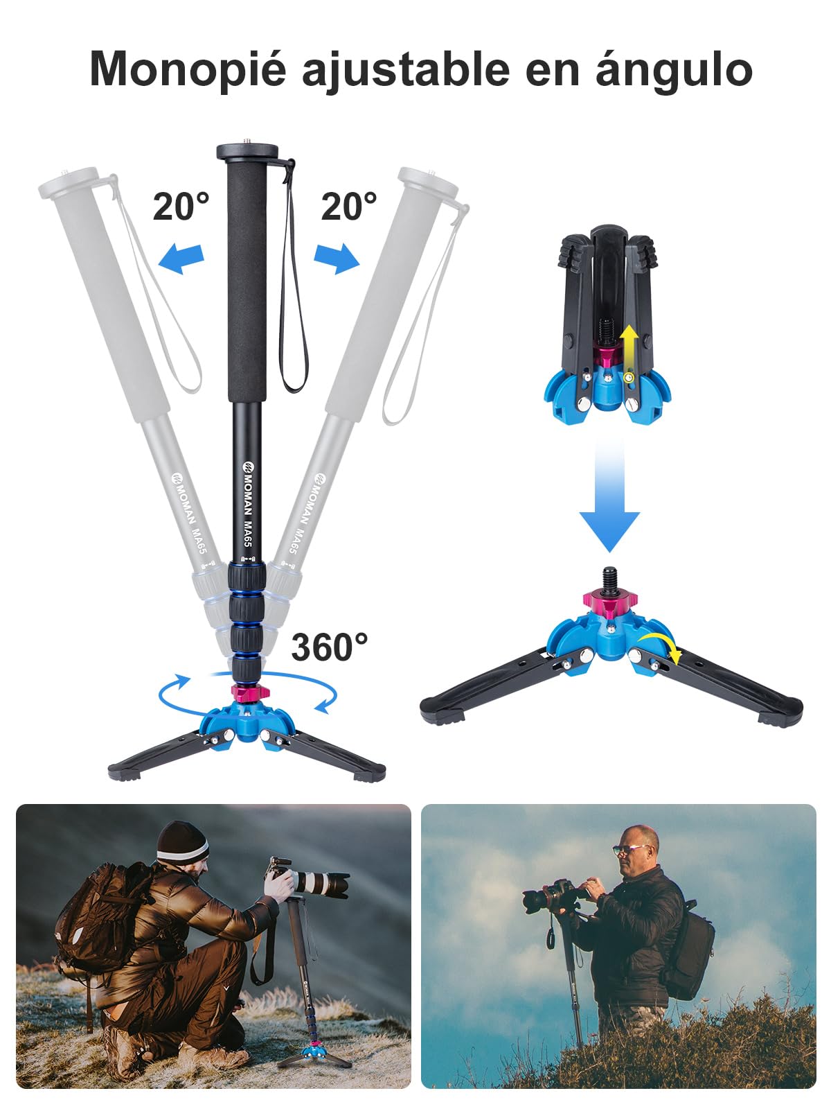 Moman MA65 Monopie Cámara Reflex, Monopod Viaje Ligero y Portáil para Vídeo Fotografia 50cm- 165cm Compatible para DSLR, Máxima Carga 10kg, Monopie-Cámara-Reflex-Vídeo-Fotografía