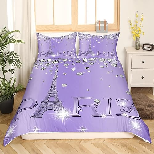Miniatura 10 de Erosebridal Juego de funda de edredón de París, tamaño King para niños y niñas y mujeres, con brillantina, diseño de torre Eiffel, funda de edredón