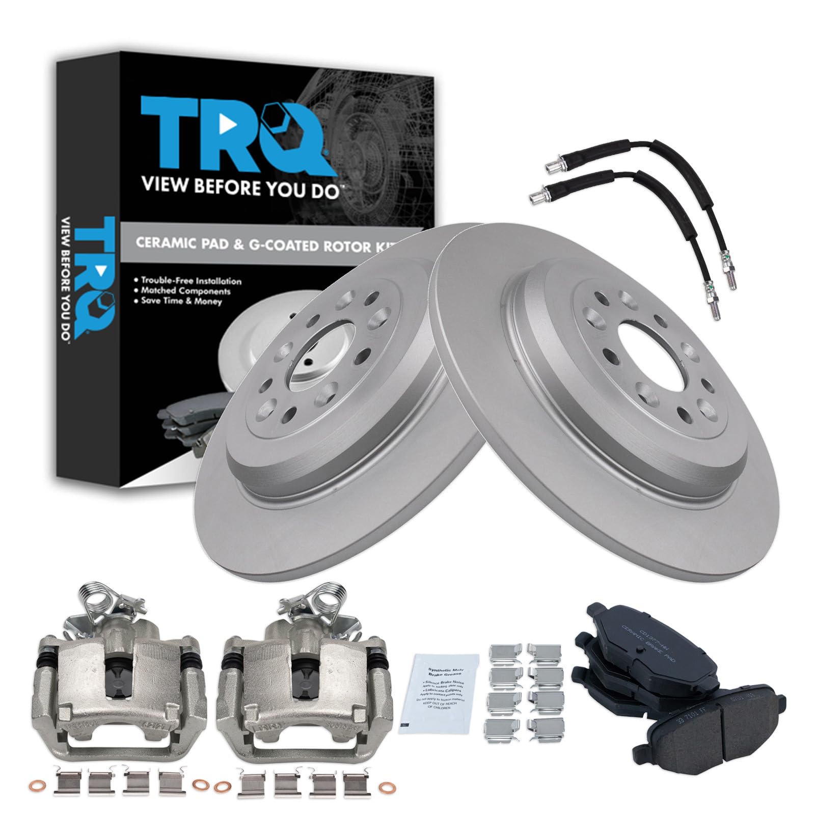TRQ Rear Brake Pad and Rotor Set Ceramic Coated Rotors Calipers Compatible with 2015-2018 Ford Flex Lincoln MKT