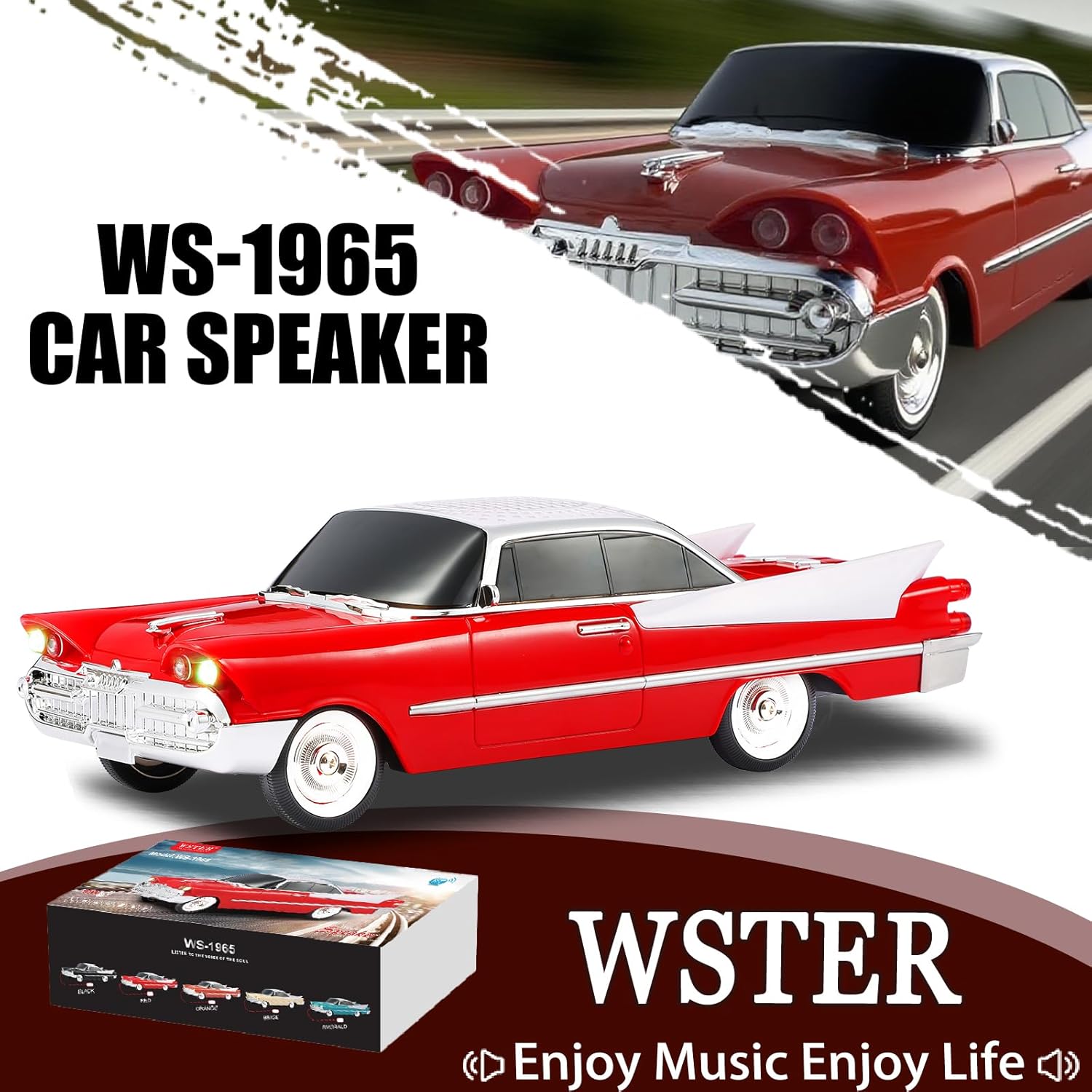 WSTER Car Model Bluetooth Replica Speakers Collection – Portable Wireless Speakers with HD Sound, LED Party Lights, FM Radio, TWS Stereo, Built-in Mic, Awesome Gifts for Friends (WS-1965)