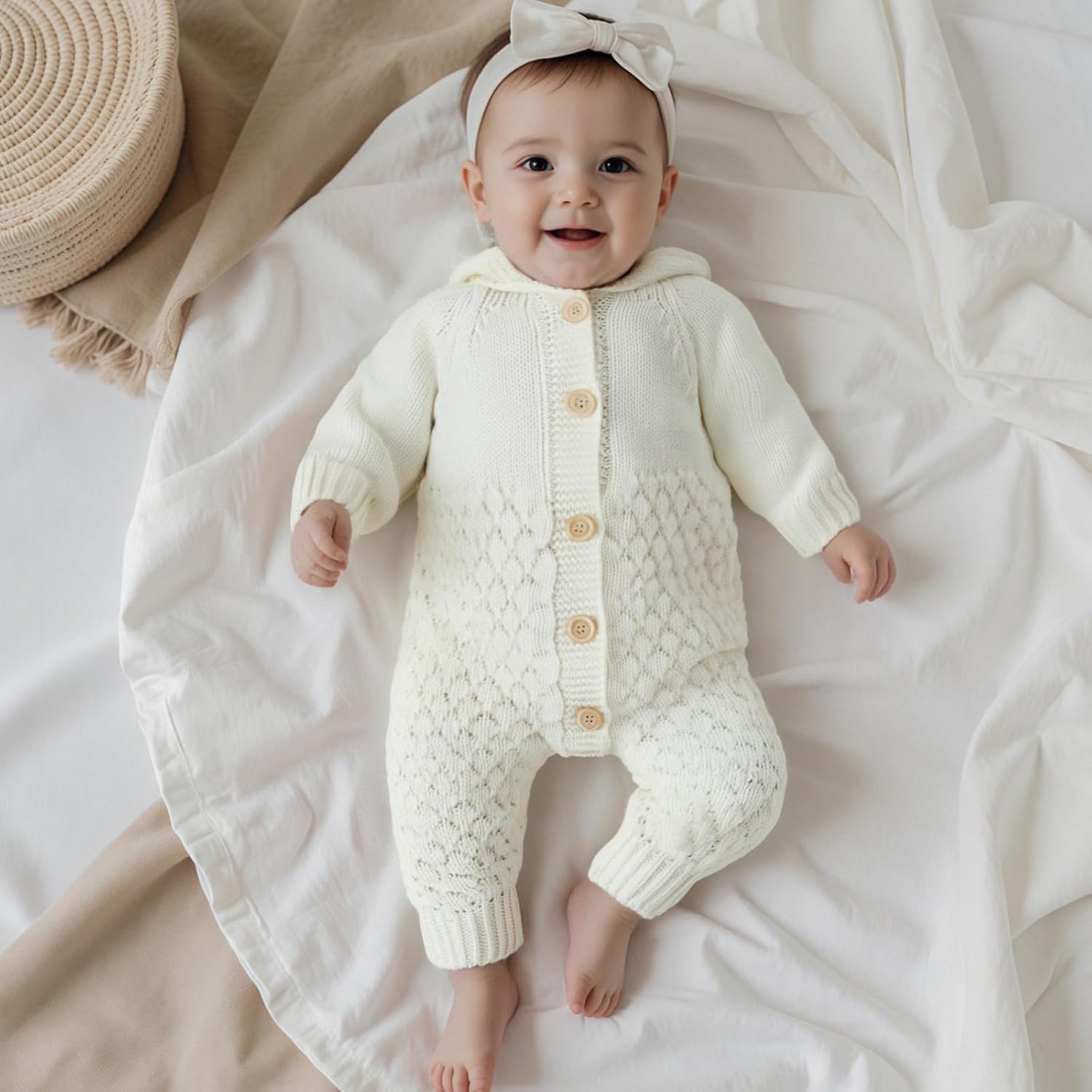 Newborn Baby Girls Boys Hooded Sweater Romper Knit Bear Ear Long Sleeve Solid Color Button Jumpsuits Winter Clothes
