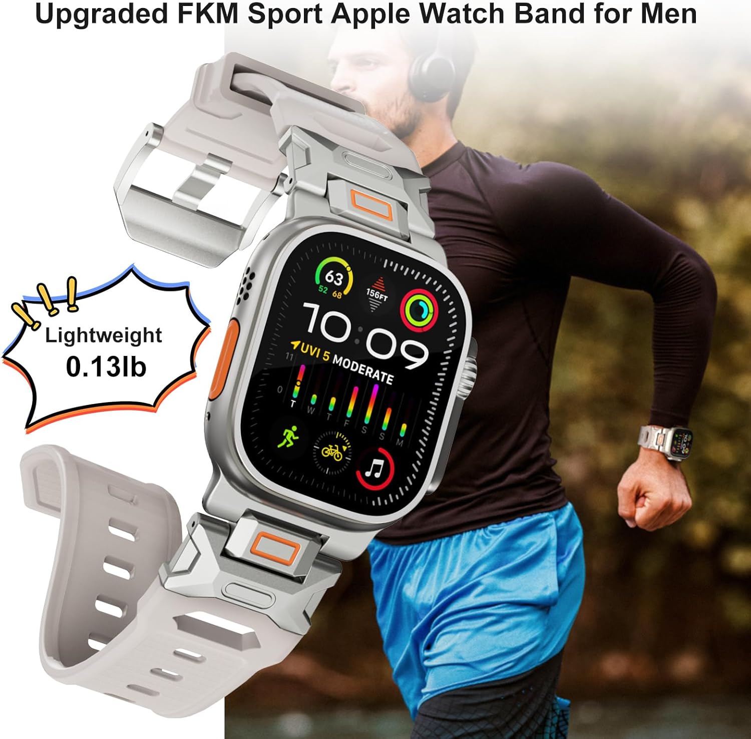 Sport Band for Apple Watch Ultra 2 & Ultra 49mm, FKM Rugged Ultra 2 Watch Bands for Men, Waterproof Apple Watch Wristband with Metal Connector, Men's Military Sport iWatch Replacement Strap