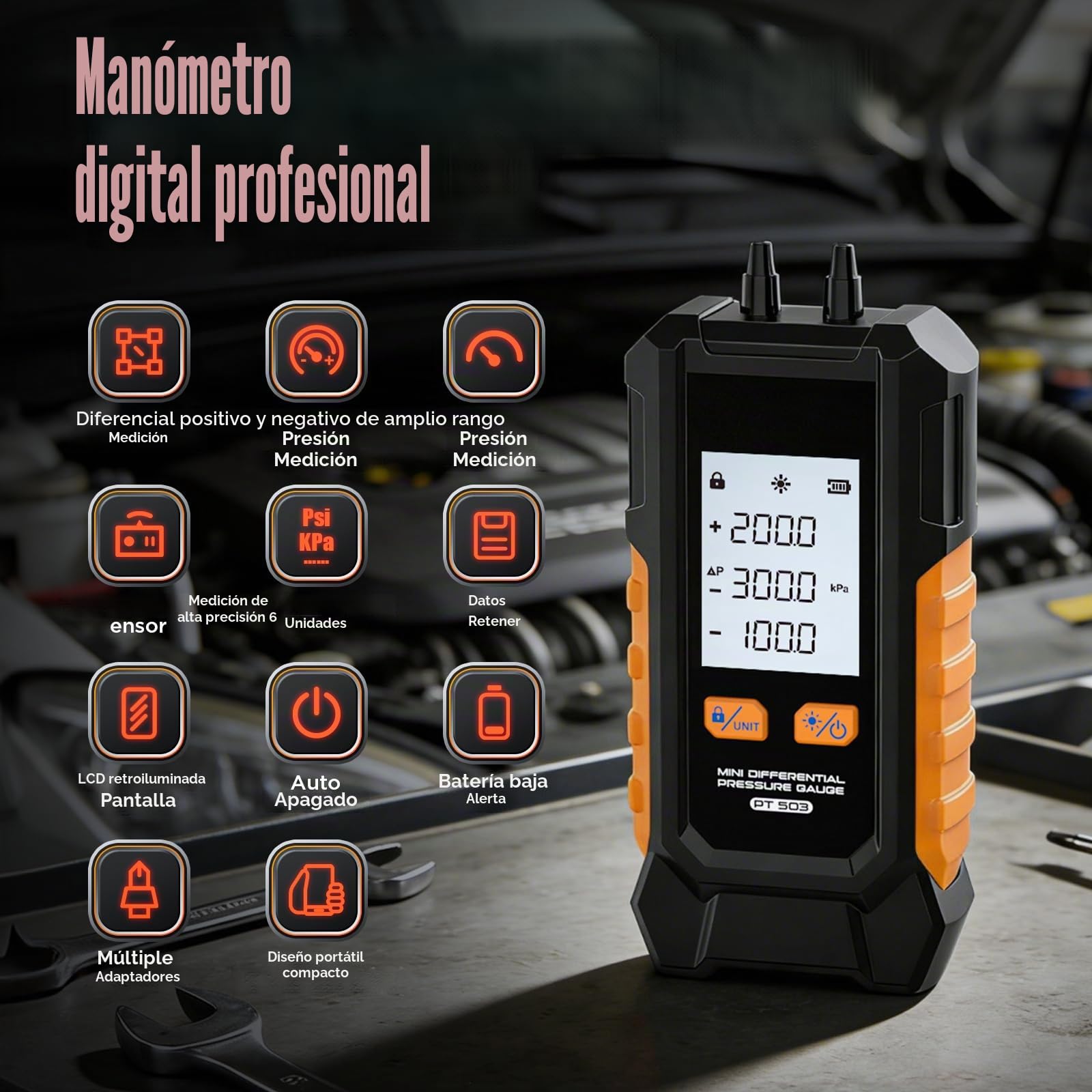 Vacuometro Digital, -101-200 kPa Manómetro ± 0,5% FS de Alta Precisión, 6 Unidades Manómetro Digital Aire Acondicionado, Función de Retención de Datos