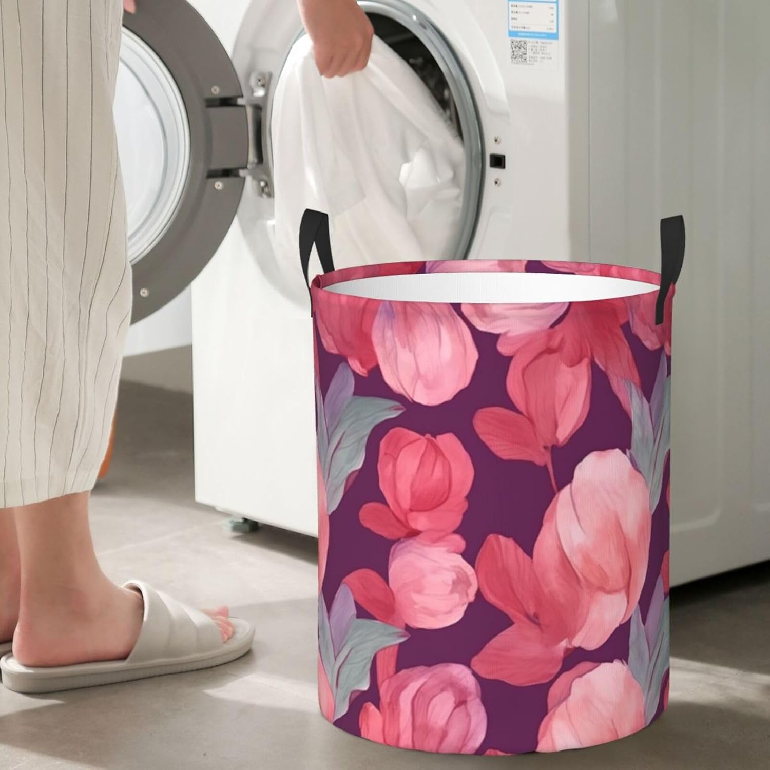 Peony petals pattern Laundry Basket With Handles, Foldable Laundry Hamper Oxford Cloth Dirty Clothes Basket Waterproof Clothes Toys Storage Bin Organizer for Bedroom Bathroom Dorm