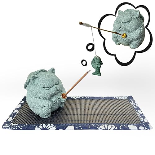 Exquisite Sandstone Warrior Cat Incense Holder (2.16”*2.36”) with Free Fishing Rod and Fish, Plus Bamboo Mat Cushion (7.28”*3.34”) (Sandstone Cat) - Sandstone Cat