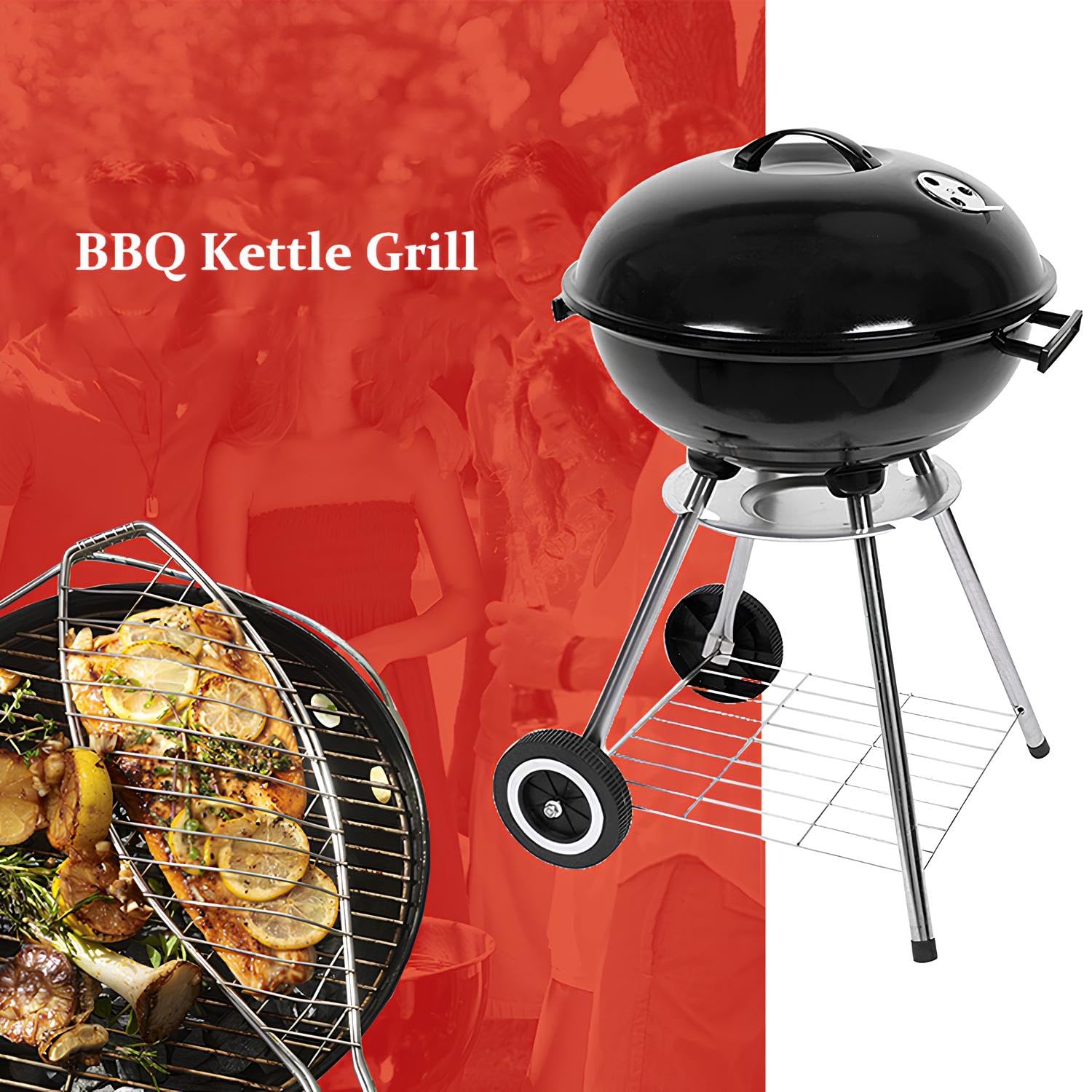 Przenośny grill Chal – grill na zewnątrz z emaliowaną pokrywką, palenisko i podwójny system wentylacji do ogrodu, na kemping i do użytku na plaży