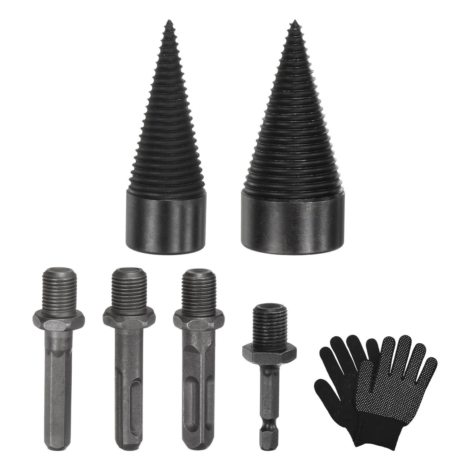 M METERXITY 2-Pack Wood Splitter Drill Bit 32mm + 42mm + 4 Handles (Square+Round+Hex Shank+Small Hex) Firewood Log Splitter Drill Bit with Gloves for