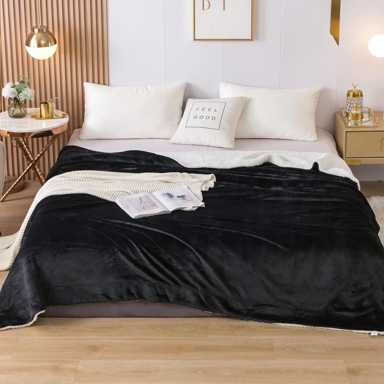 COTTEBED Warm Sherpa Flannel Bed Blankets for King Size Bedding,Reversible Ultra Plush 580GSM,Soft Comfy Fluffy Fuzzy,Winter Fleece Throw Blanket Sofa Couch Living Room (Black,108"x90")