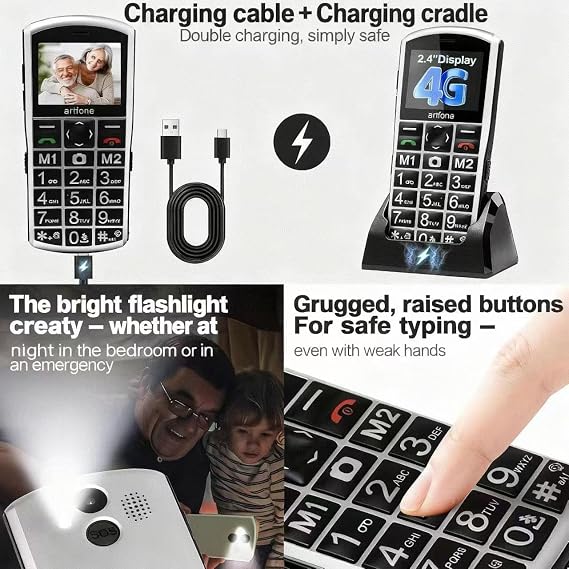 artfone A400 Big Button Cell Phone for Seniors, 4G LTE Unlocked Phones, SOS Button, 2MP Camera, Charging Dock, 3 Slots, Speed Dial, Volume Boost, Large Fonts, Voice Time, Dumb Phone, 1800mAh, Silver