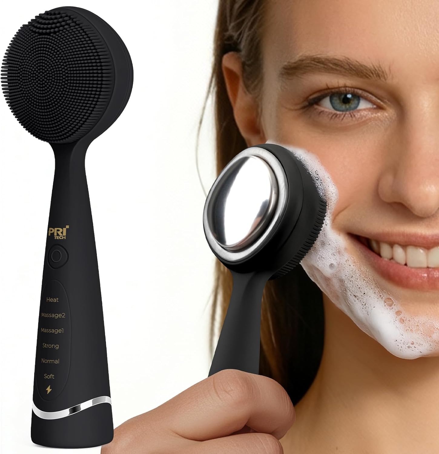 PRITECH Facial Cleansing Brush, Rechargeable Silicone Face Scrubber with Constant-Temperature Heating, Vibrating Exfoliator Scrubber for Deep Pore Cleaning, Waterproof Face Brush for Women & Men-Black