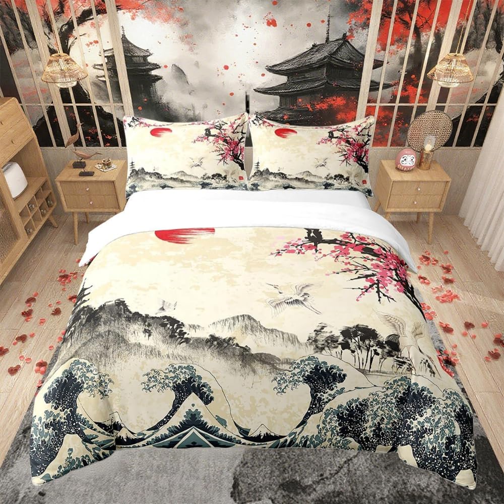 Set copripiumino in cotone 100% cotone con motivo floreale di sakura, stile giapponese, set copripiumino tradizionale retrò con rami di fiori botanici, bianco e rosa, per letto matrimoniale