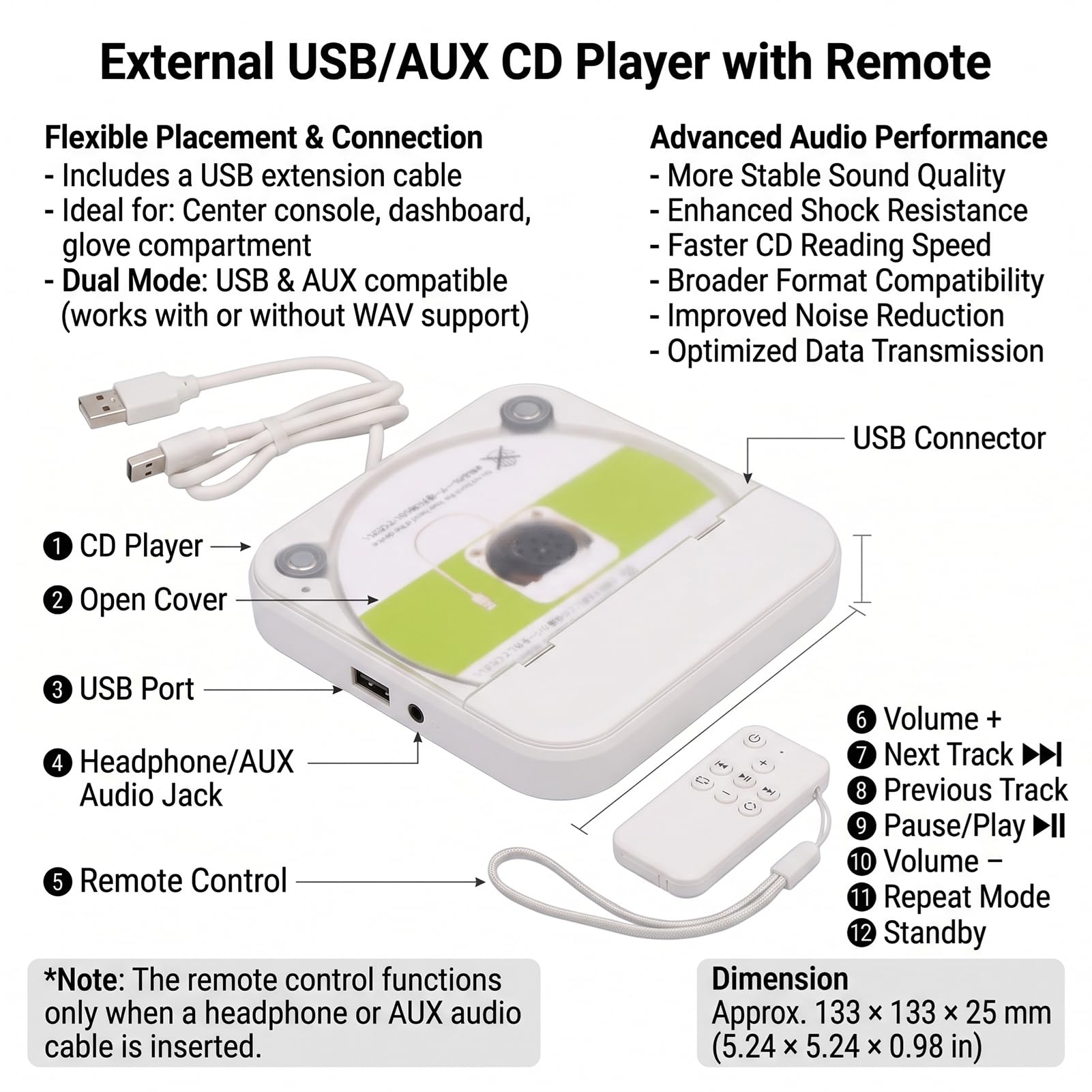 Bewinner Lettore CD Portatile per Auto Alimentato Tramite USB, Lettore Dischi Esterno per Auto con Ingresso AUX, Telecomando, Audio HiFi per Stereo del Veicolo, Laptop e Uso Domestico