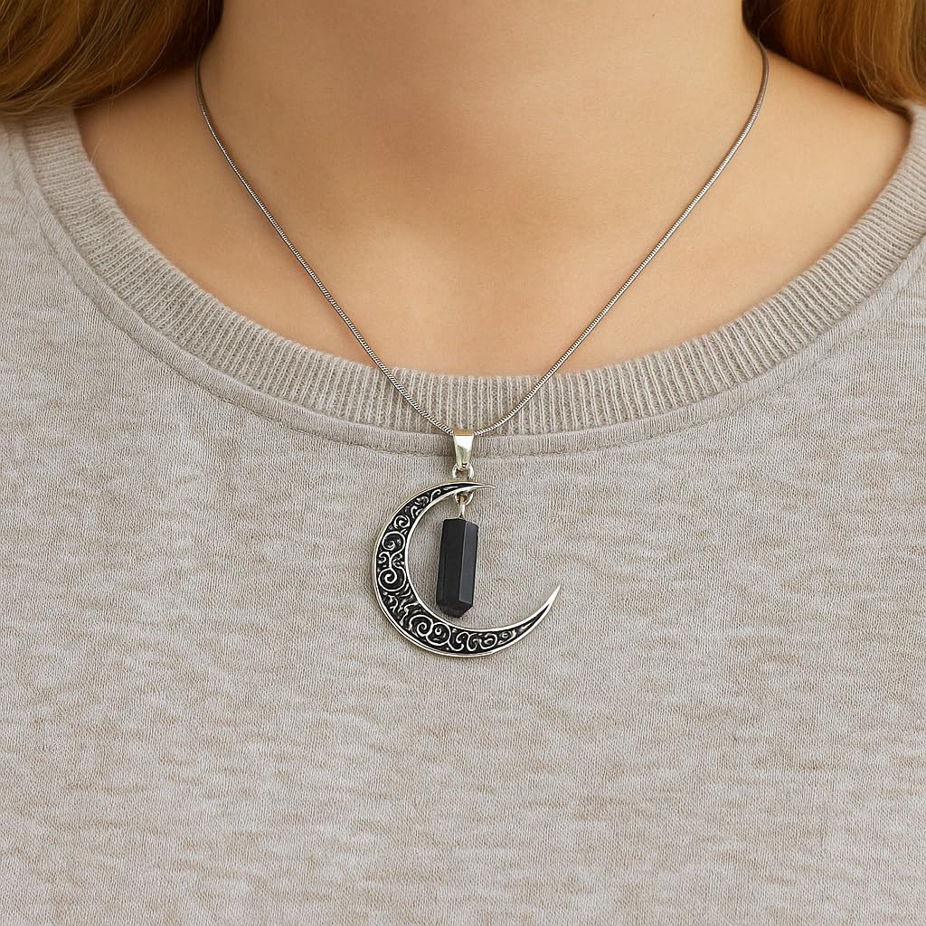 Colgante Luna con Shungit - Baño de Plata Minerales y Cristales, Belleza energética, Meditacion, Amuletos Espirituales
