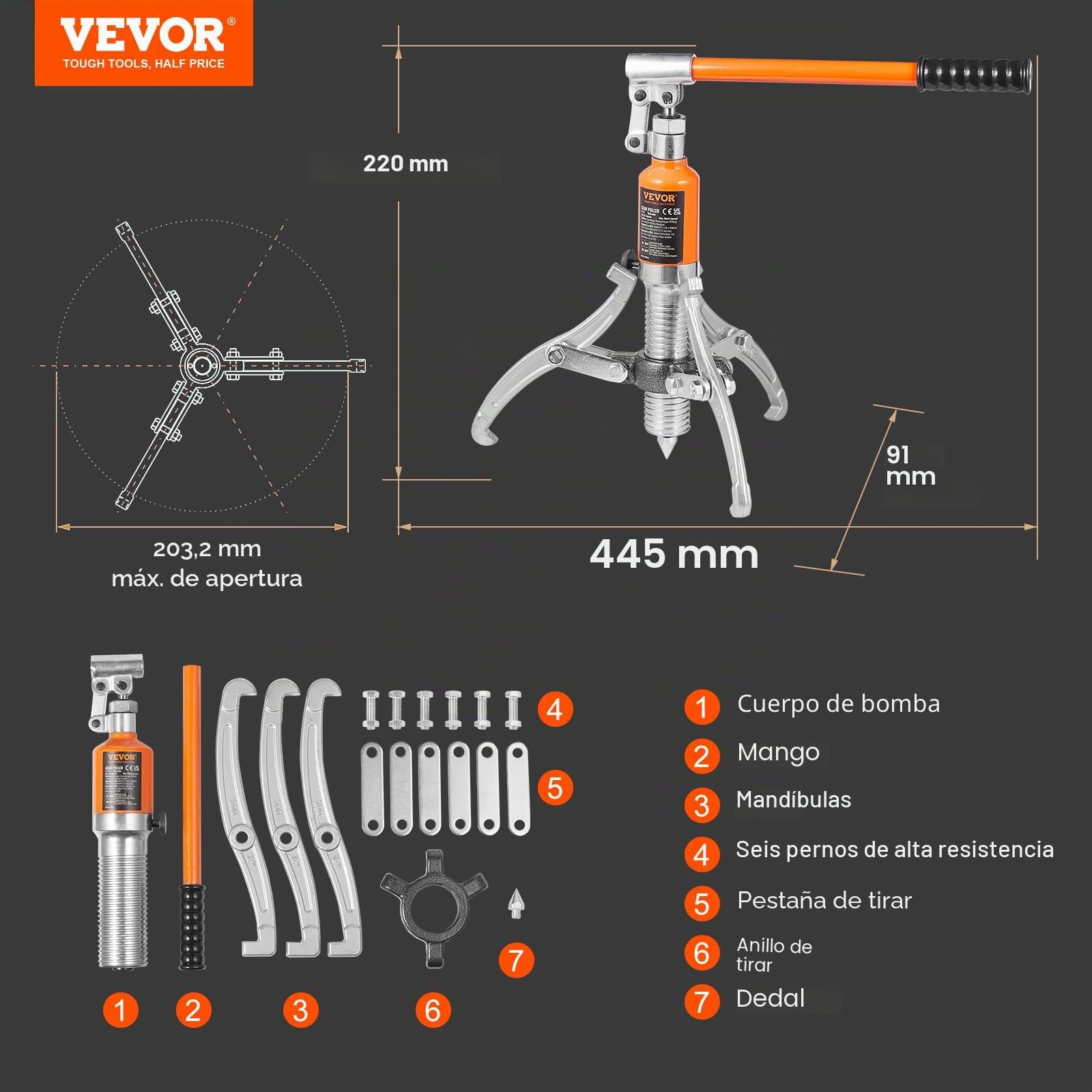 Extractor hidráulico de engranajes VEVOR, separador de tracción de rodamientos de rueda de capacidad máxima de 5 toneladas, extractor de 2 o 3 mandíbulas, vertical y horizontal, extractor hidráulico d