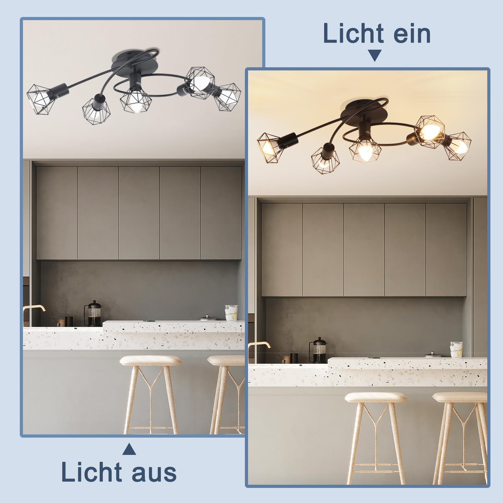 Glitzerlife LED lámpara de E14 lámpara de techo negro 5 llamas | foco de techo industrial orientable 350° vintage retro foco salón cocina sin bombilla
