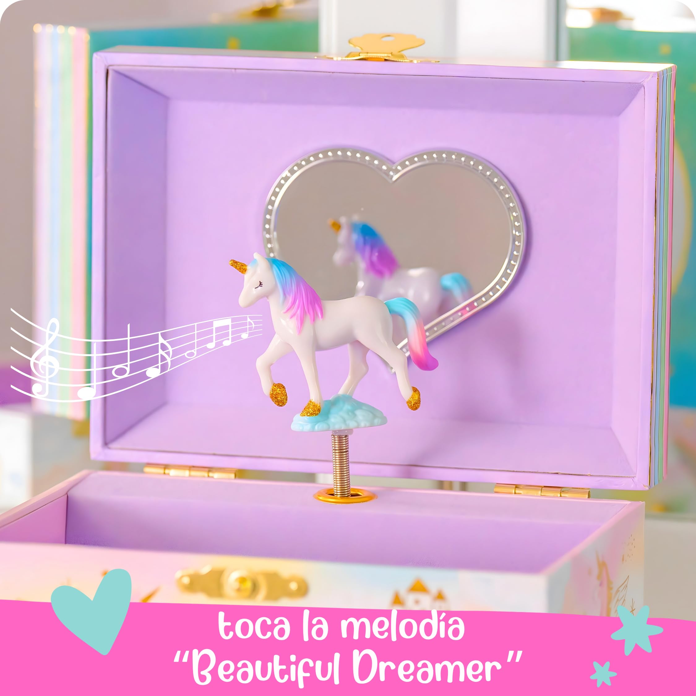 Giggle & Honey Joyero Musical Grande de Unicornio con Dos Cajones para Niñas - Caja de Música Infantil con Espejo
