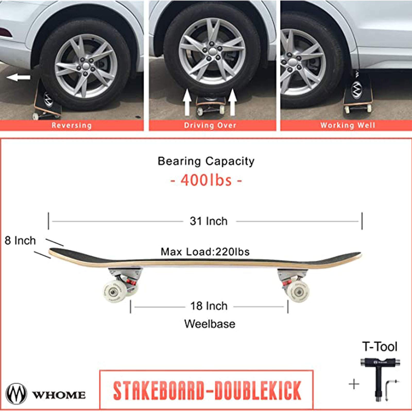 Pro Planche À roulettes Complète pour Jeune Adulte, Enfant Et Débutant - Longboard Skateboard De Rue Concave À Double Coup De Pied De 31 "avec T-Tool,E