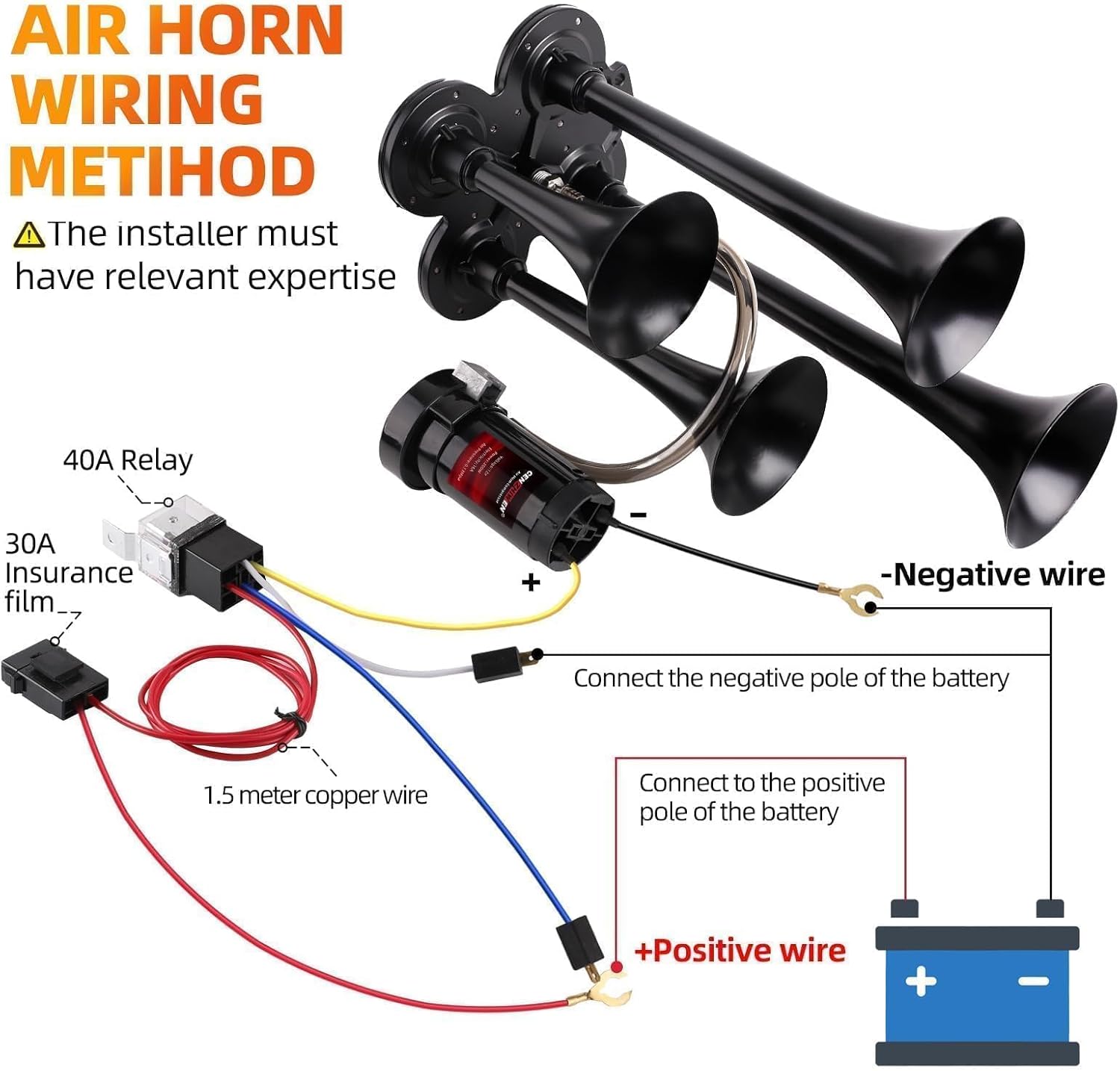 Train Horn for truck Kit-4 Trumpet Metal Air Horns replacement Drill horn 12V 150dB Ultra Loud with Compressor for pickup/motorhome/SUV/truck/train (black 4Trumpet)